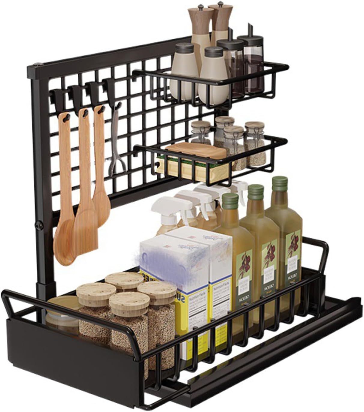 Zenithia 2-Tier Under Sink Storage,Multi-Purpose Under Sink Cabinet Basket Organiser,Detachable Kitchen Organiser With 4 Hooks,for Bathroom Kitchen
