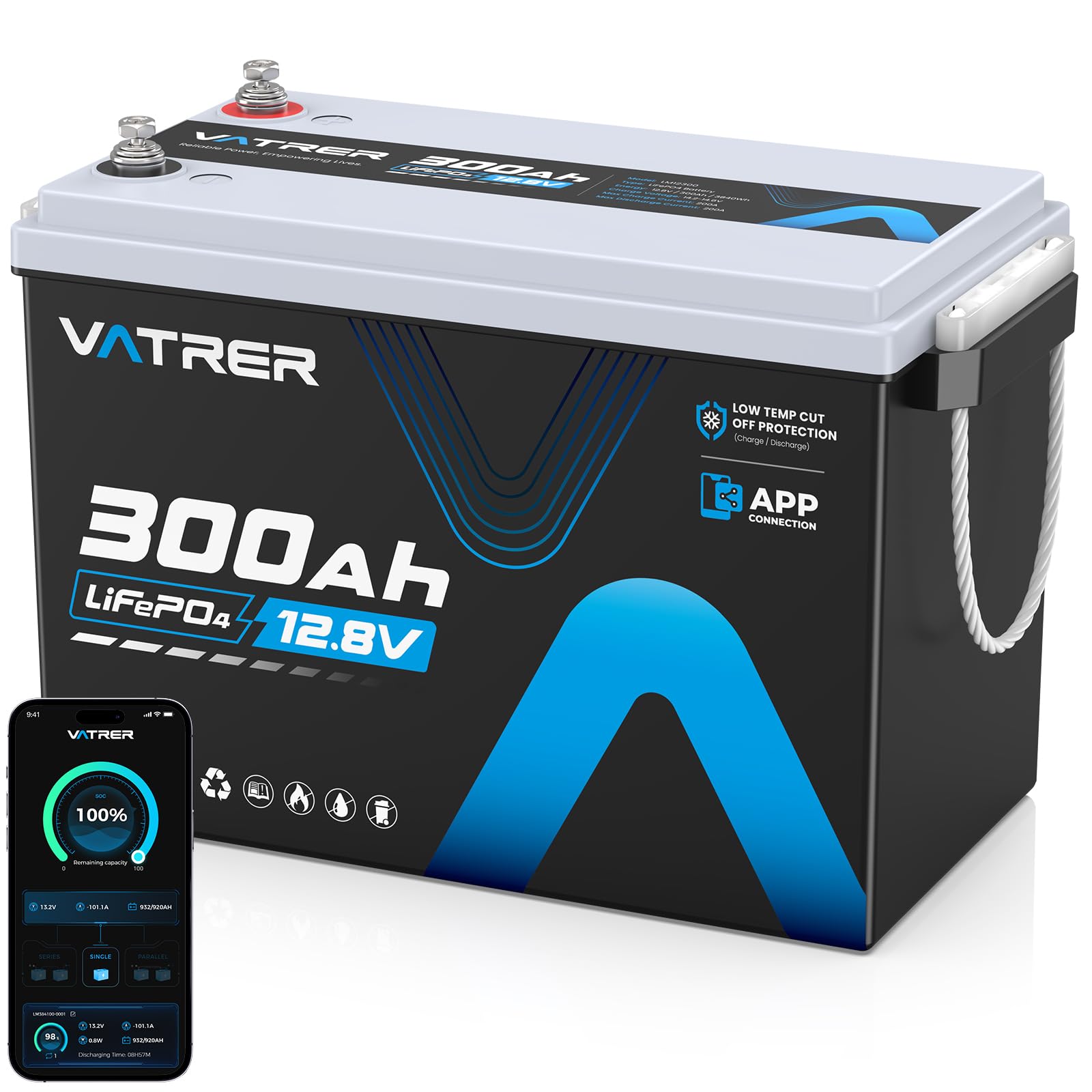 VATRER POWER Batterie LiFePO4 12 V 300 Ah avec application Bluetooth