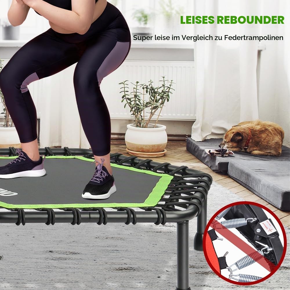 ONETWOFIT 107/114cm Trampolin lndoor,Rückprall Trampolin für Erwachsene, Leises Mini Trampoline für das Outdoor Training, Fitness Trampoline mit Bungee Rückpraller