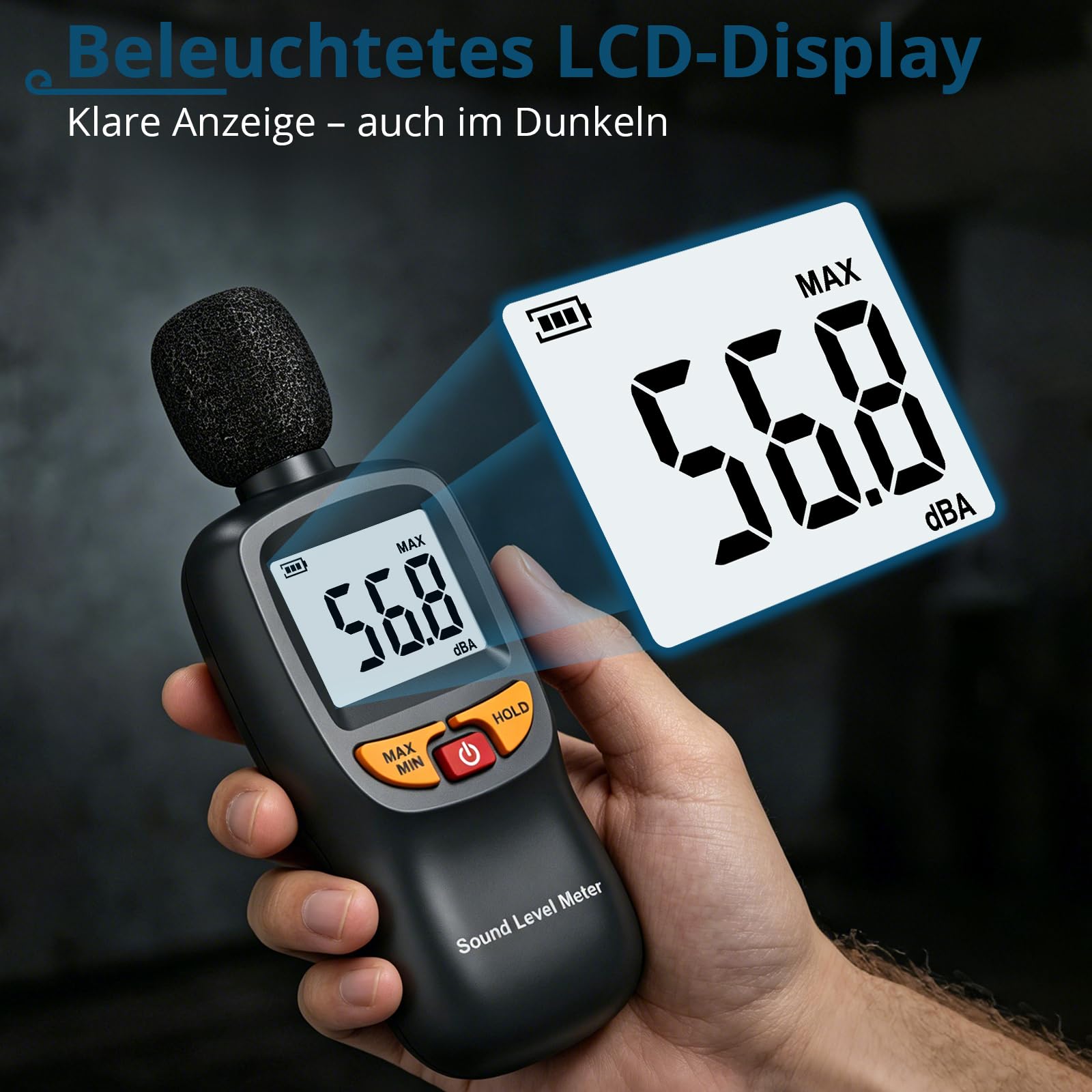 Digitales Schallpegelmessgerät 30–130dB(A) A-Bewertung, LCD Dezibel Messgerät mit Hintergrundbeleuchtung, MAX/MIN Funktion, Präzises Lärmmessgerät für Büro, Werkstatt, Baustelle