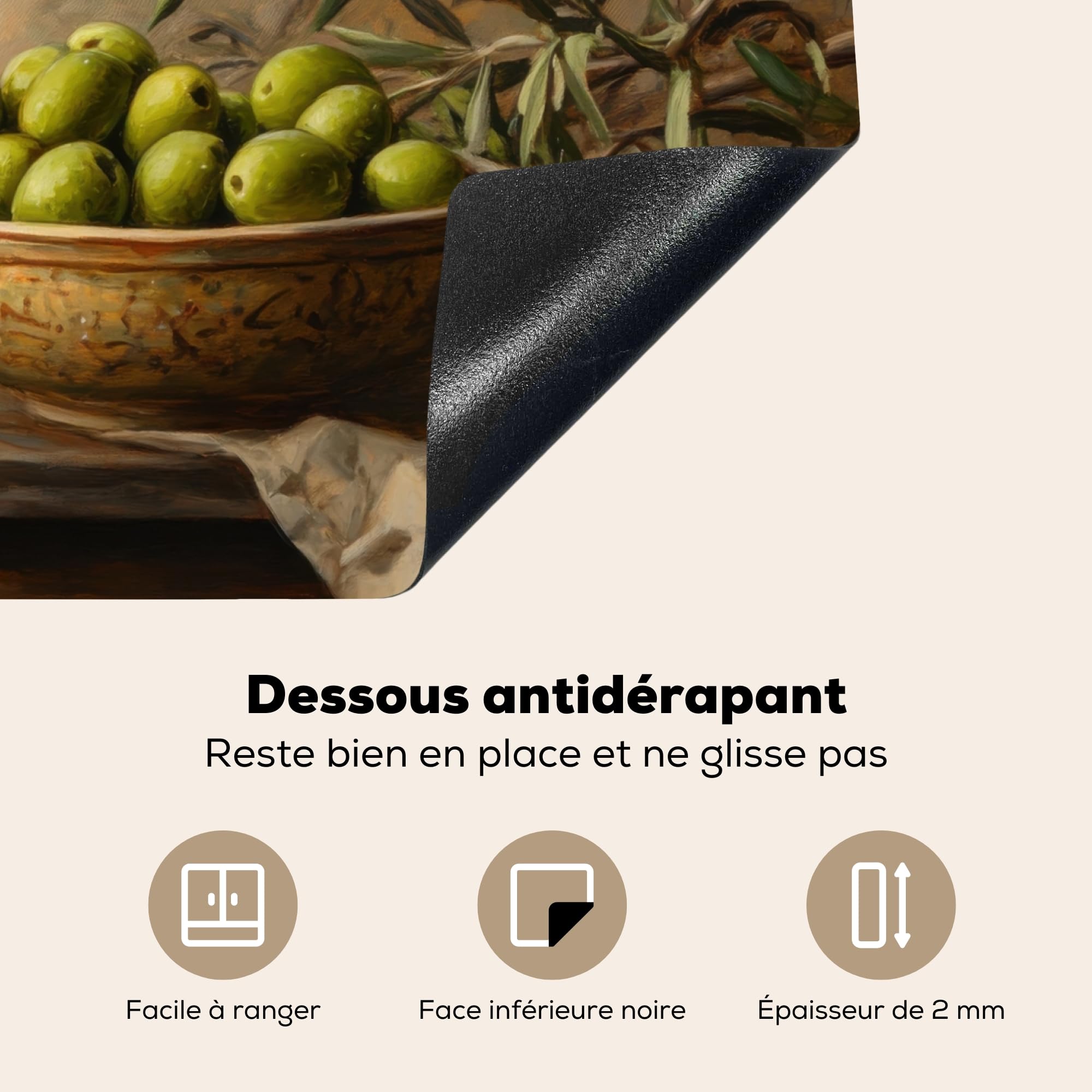 KitchenYeah© Protège Plaque Induction 60x52 cm Deco Cuisine Accessoire Pratique Protection De Vitroceramique Kitchen Gadget Olives - Nature Morte - Vintage