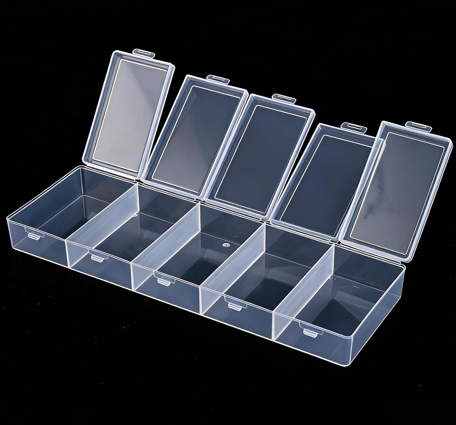 5 compartments transparent plastic storage box 8.3 x 2.7 x 1 inch with independent lid, transparent storage box for cosmetics, jewelry, and craft supplies