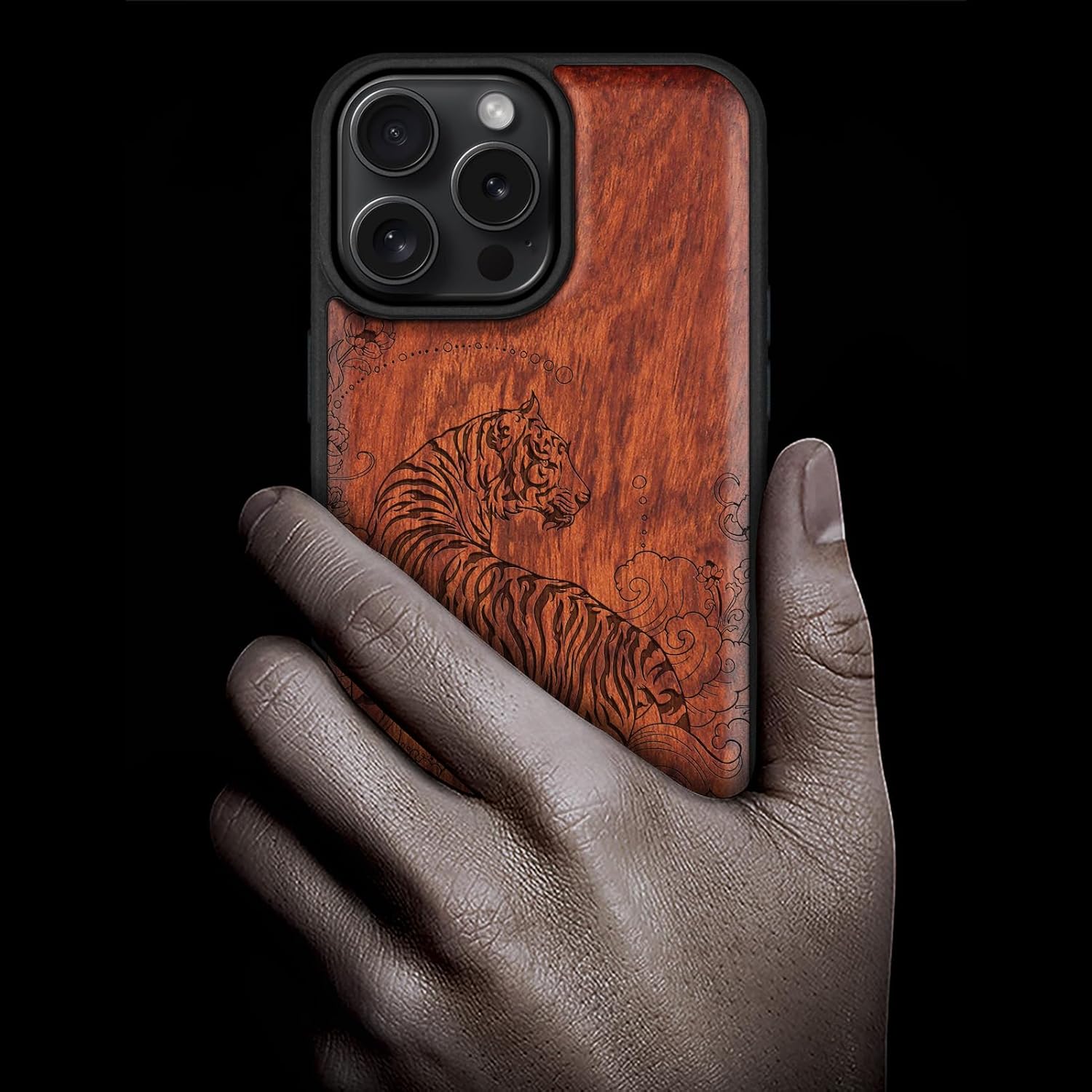 Carveit Magnetic Wooden Case for iPhone 16 Pro Max Case, Wood Artisan Engraved & Black Soft TPU Shockproof Cover, Compatible with MagSafe Wireless Chargers (Graceful Tiger) Rosy