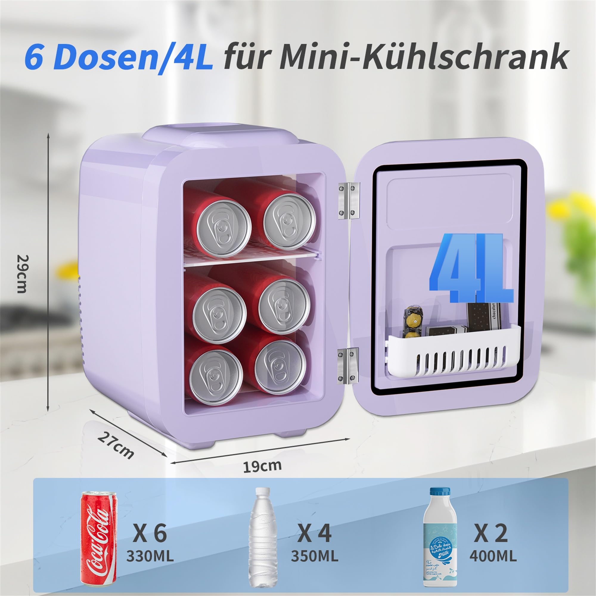 YASHE Mini Kühlschrank, 4 Liter Mini-Kühlschränke für Kosmetik, Getränke, 220V AC/ 12V DC Thermoelektrische Kühlung und Erwärmung, Kleiner Kühlschrank für Schlafzimmer, Büro, Wohnheim, Auto (lila)