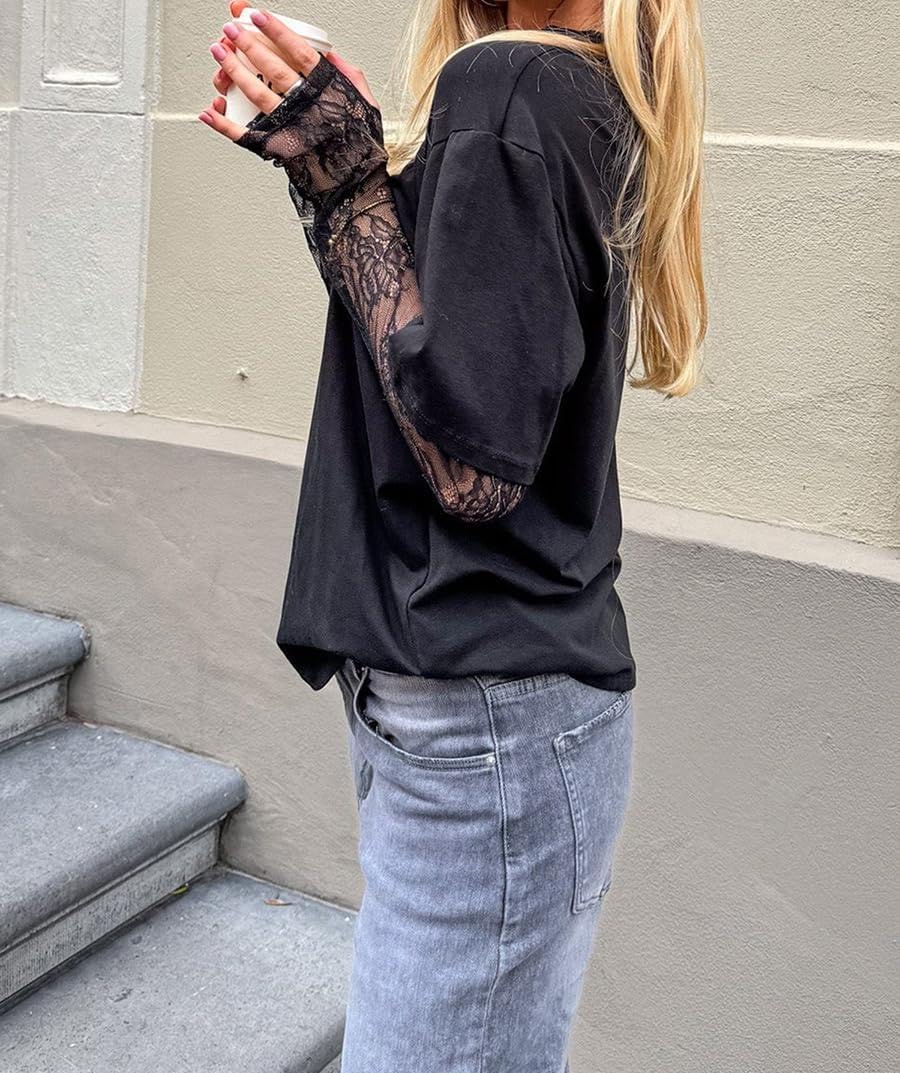 Womens Summer Lace Long Sleeves Shirt Spliced Loose Crewneck Fashion Thin T-Shirt Casual Solid Color Tops - Image 3