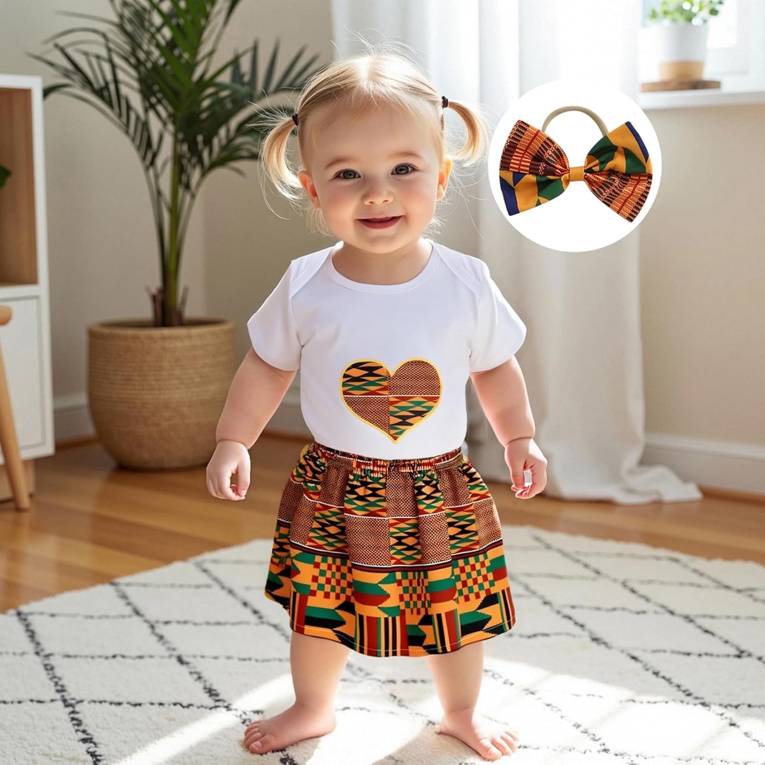 Toddler Baby Girl Dashiki Ankara Clothes Short Sleeve Heart Embroidery Romper Elastic Waist African Skirt Set 3Pcs - Image 2