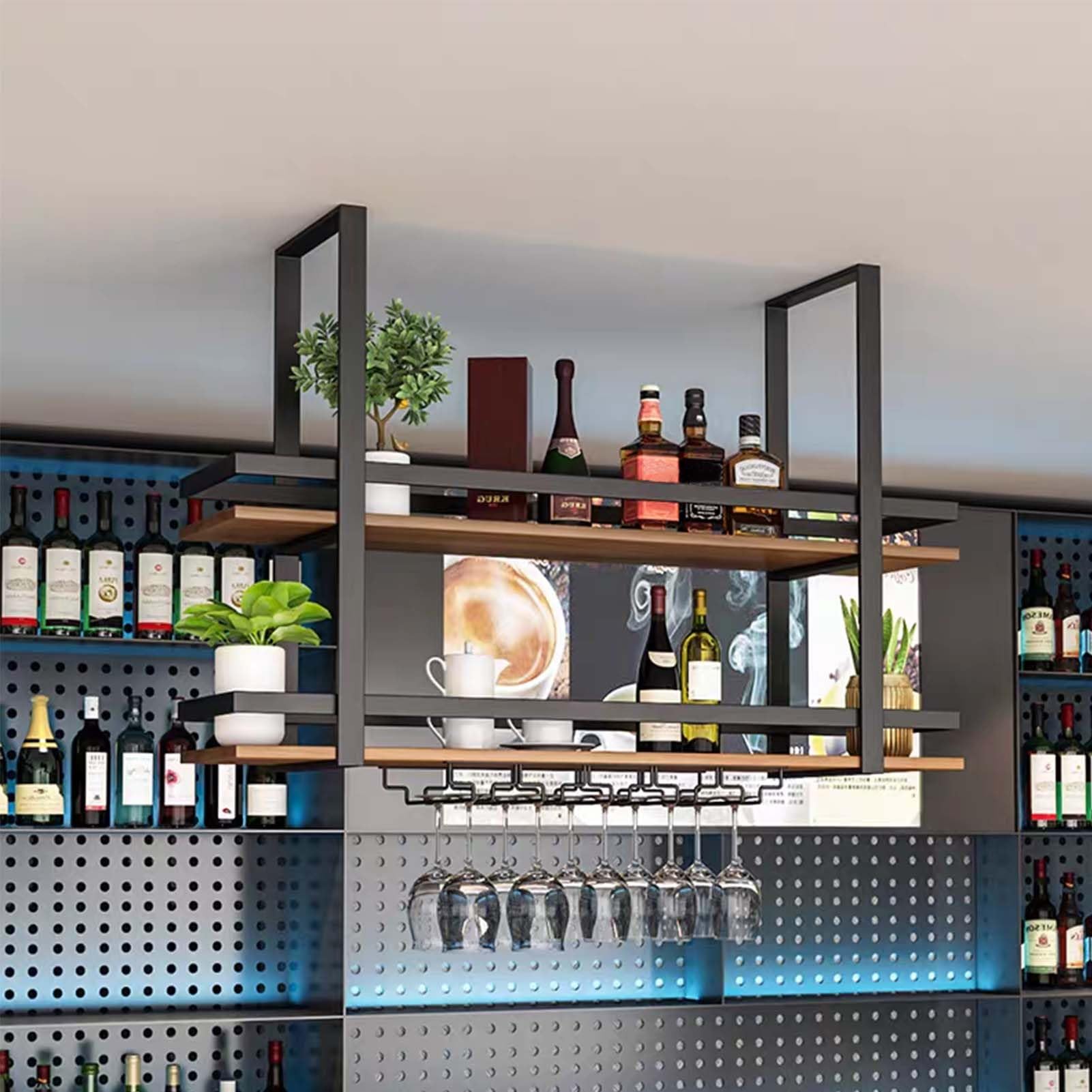 Étagères flottantes au plafond étagère bois 2 niveaux salon bar