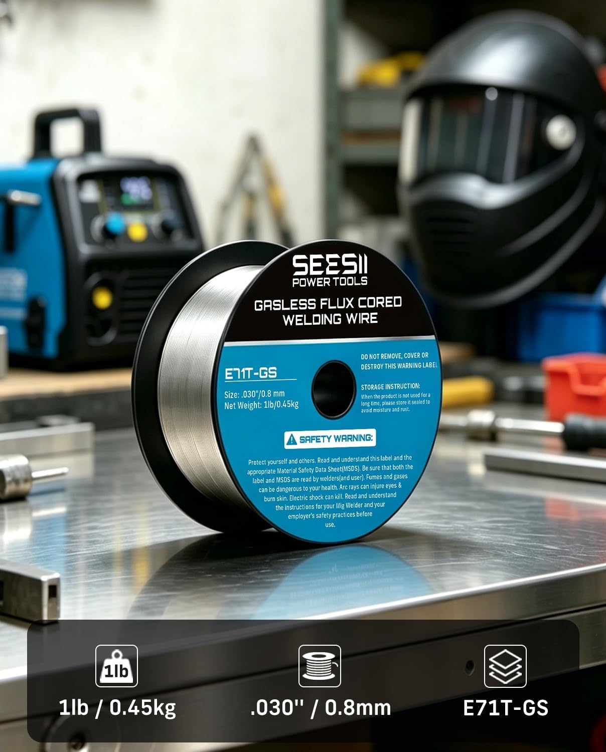 SEESII Flux Core Welding Wire .030, 1lb E71T-GS Gasless, Easy Feed Flux Cored MIG Welding Wire, Low Spatter, Self-Shielded Mild Steel Wire