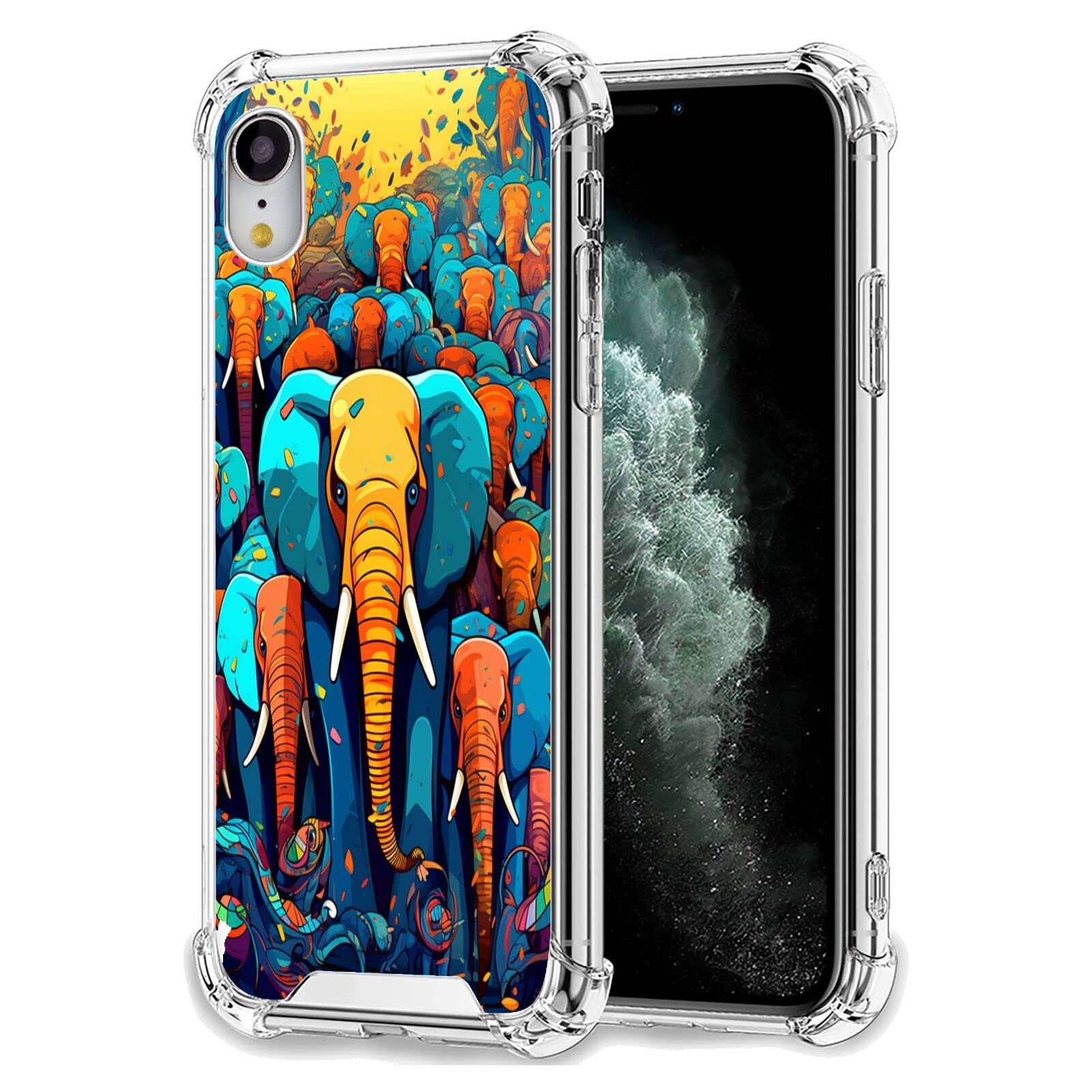 SHENCANG BLUE Case for iPhone Xr with Elephant Designer Art23 Pattern Clear Frame Slim Transparent Soft TPU Shock-Proof Four Corners Reinforced Mobile Phone Case