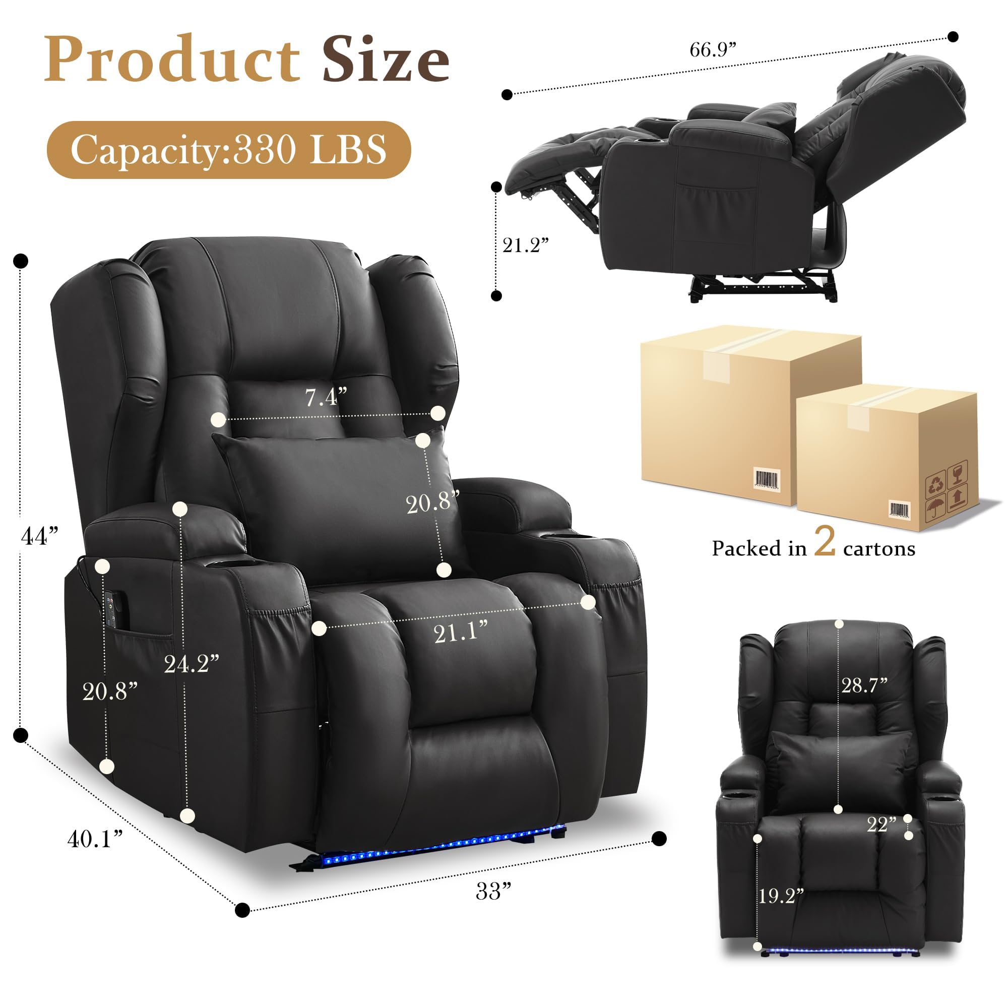 Elektrischer Relaxsessel mit Liegefunktion, TV Sessel mit Heizung & Vibrierende Massage, Lederimitat Heimkinositze mit LED Streifen für Wohnzimmer, USB-Anschl¨¹sse, bis 150 kg (Schwarz)