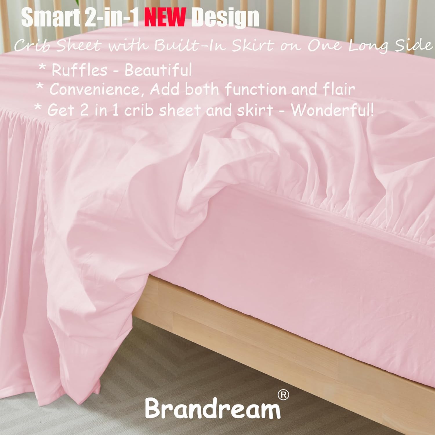 Brandream 2 Packs Crib Bed Skirt Scallop Edge Farmhouse Chic 100% Cotton Gender Neutral Crib Skirt Toddler Bedskirt Pink