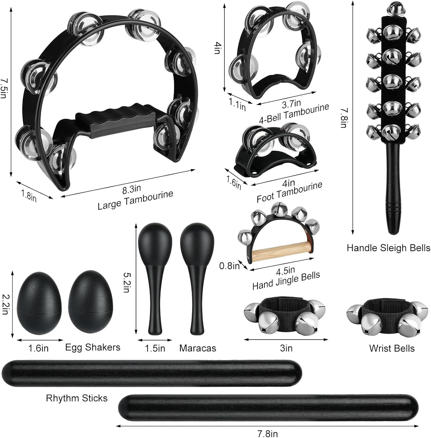 13 Pcs Black Tambourine Set,Double Row Metal Jingles,Foot Tambourine,Egg Shakers,Wrist Bells,Maracas,Rhythm Sticks,Musical Percussion Instrument Set for Church,KTV and Parties