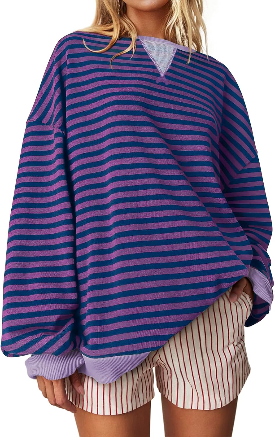 UEU Women Striped Oversized Sweatshirt Color Block Crewneck Long Sleeve Pullover Top Fashion Trendy Preppy Clothes
