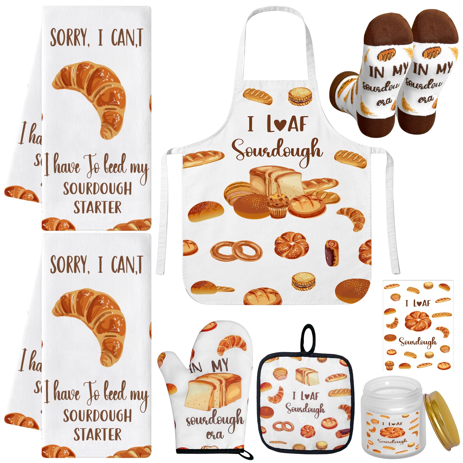 8 Pcs Mothers Day Sourdough Baking Gifts for Women Include Sourdough Bread Apron Towels Oven Mitt Pot Holder Aromatherapy Candle Socks Greeting Card for Bread Bakers Mom Sister Wife Aunt Lover