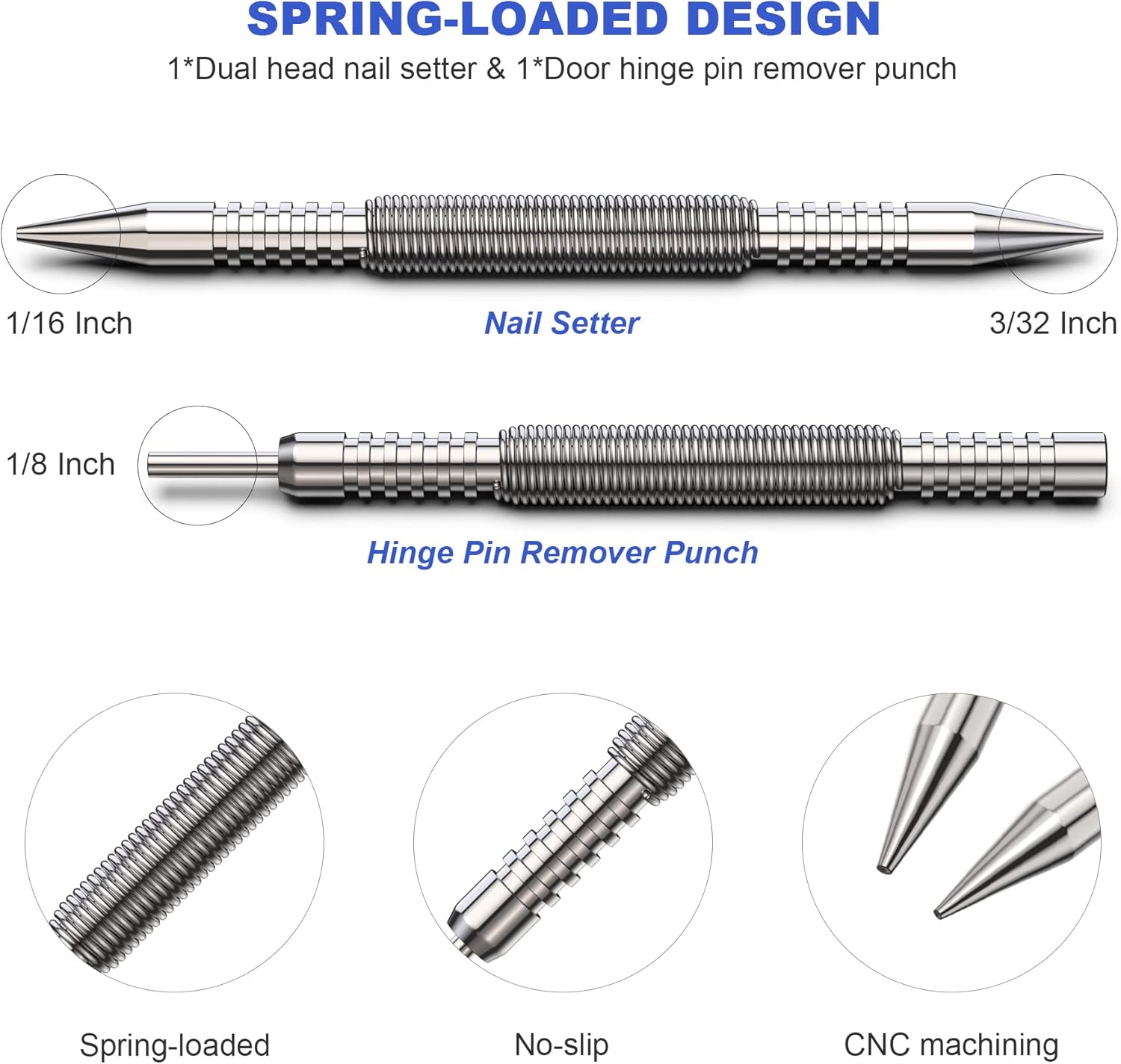 Glieskir Spring Loaded Nail Set Tools,2-PCS Dual Head Nail Setter and Hinge Pin Punch Set, Hammerless 1/16″& 3/32″Spring Nail Set, Super Strong Force Door Pin Removal Tool