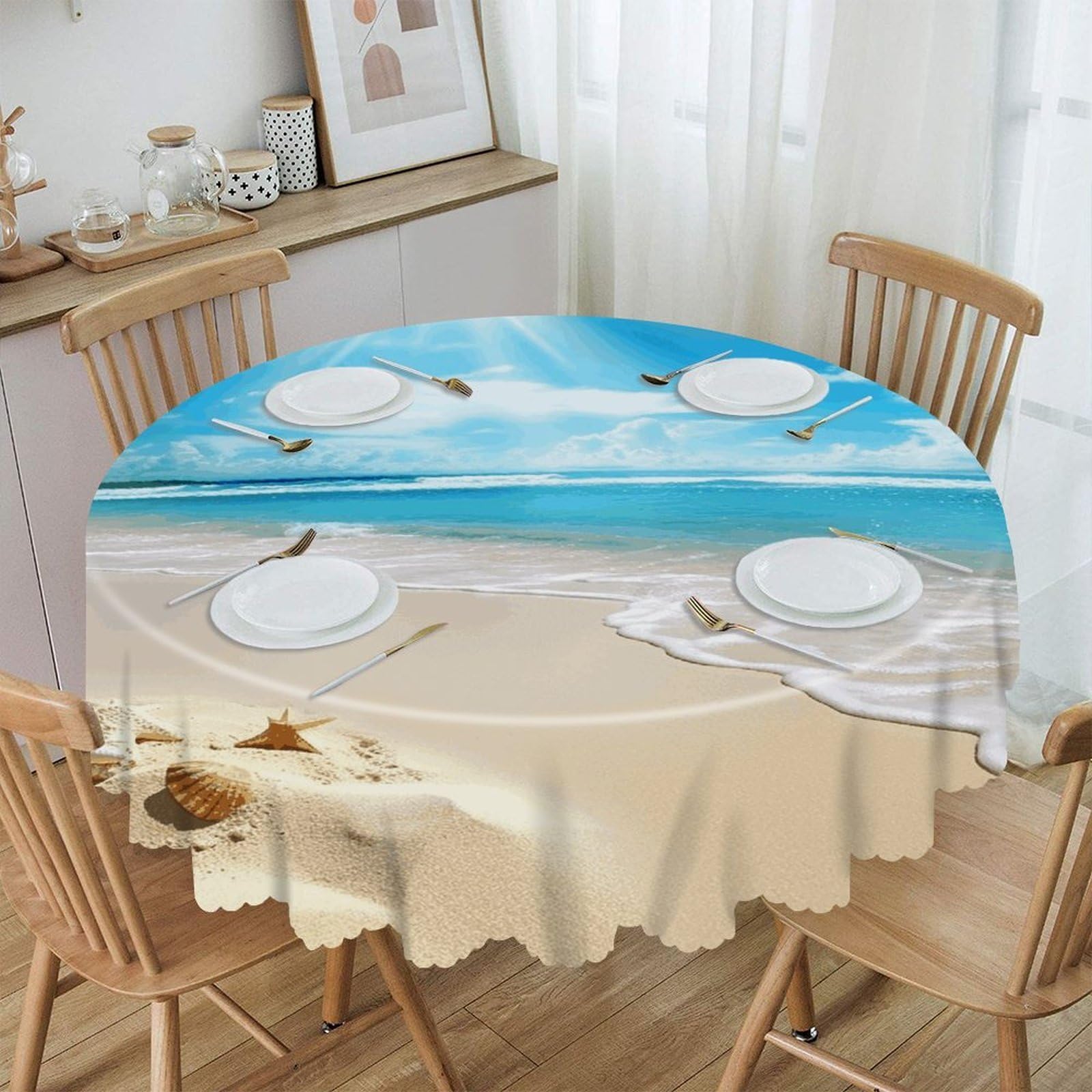 FekiLoot Bright Sunshine Summer Beach Round Tablecloths 60 Inch Resistant Washable Polyester Table Cloth Style Decorative Circle Fabric Table Cover for Dining Kitchen Party Farmhouse Outdoor