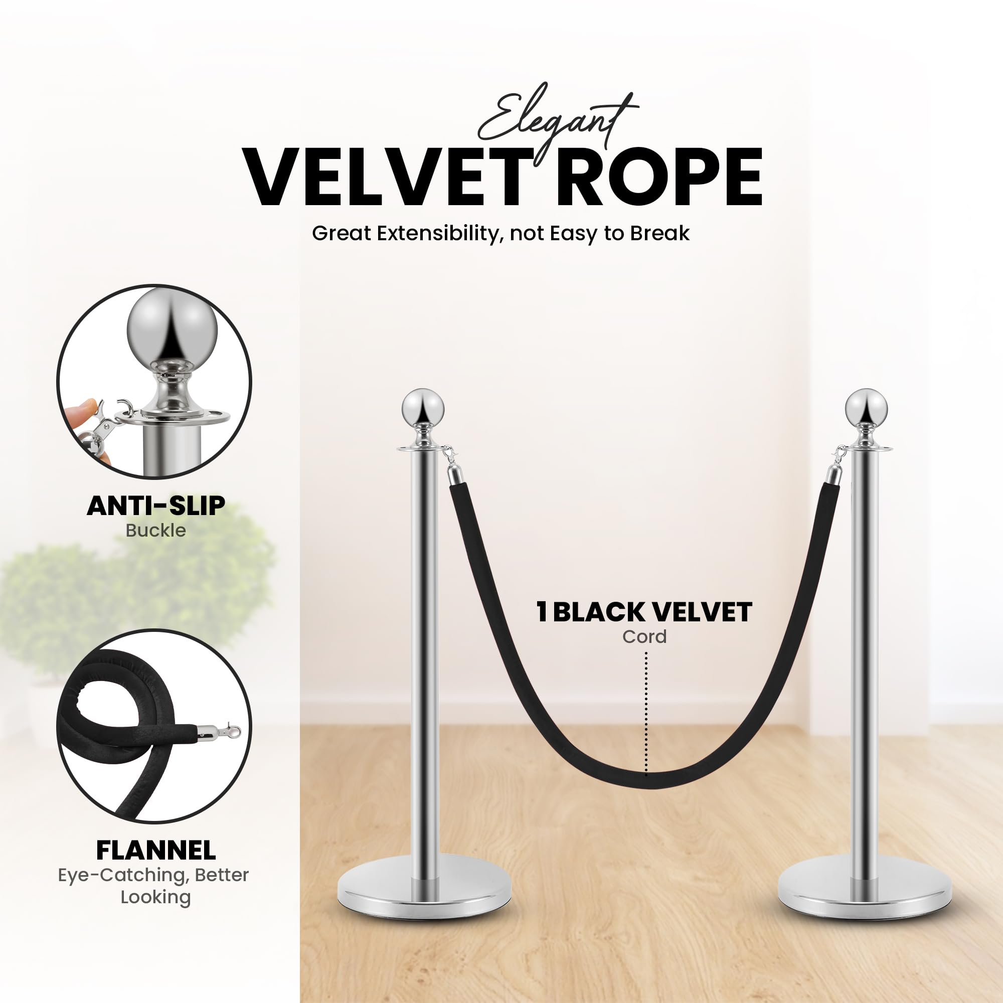 Transenne Separacode in Acciaio Inox 2 Pezzi, 90 cm di Altezza, Argentate con Corda di Velluto Nero da 1,5 m, Collegamento a 4 Vie, Base di 31 cm di Diametro, Controllo delle Folle