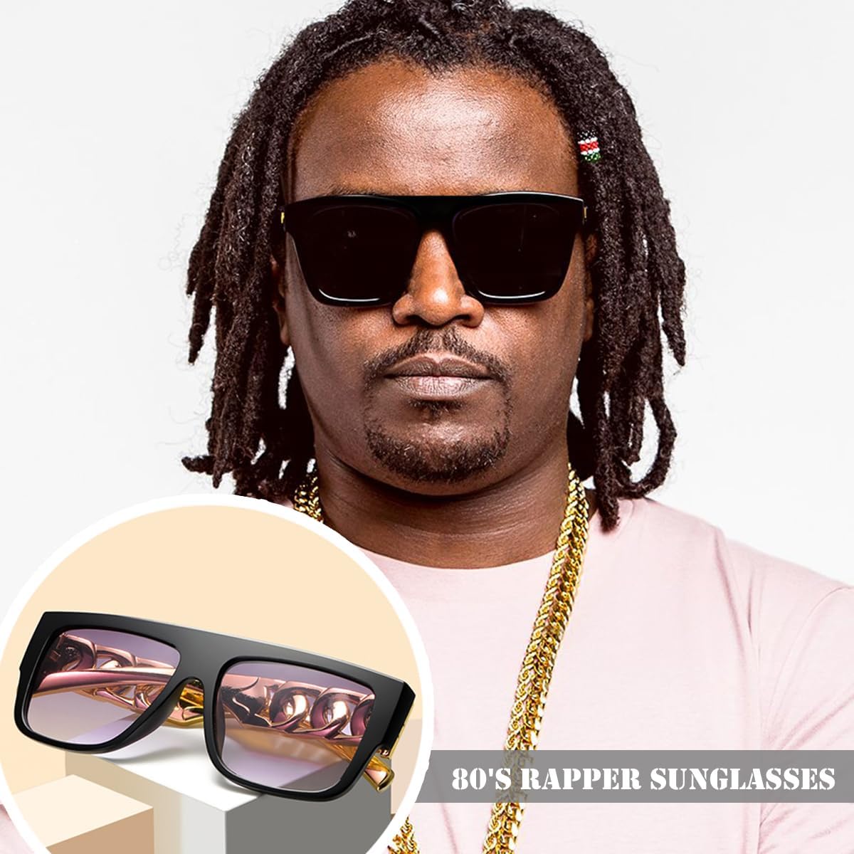 GIFIKOI 80s 90s Hip Hop Costume Outfit Kit Fake Golden Bracelet Dollar Sign Necklace Kanji Ring Sunglasses Rapper Costume Accessories Set