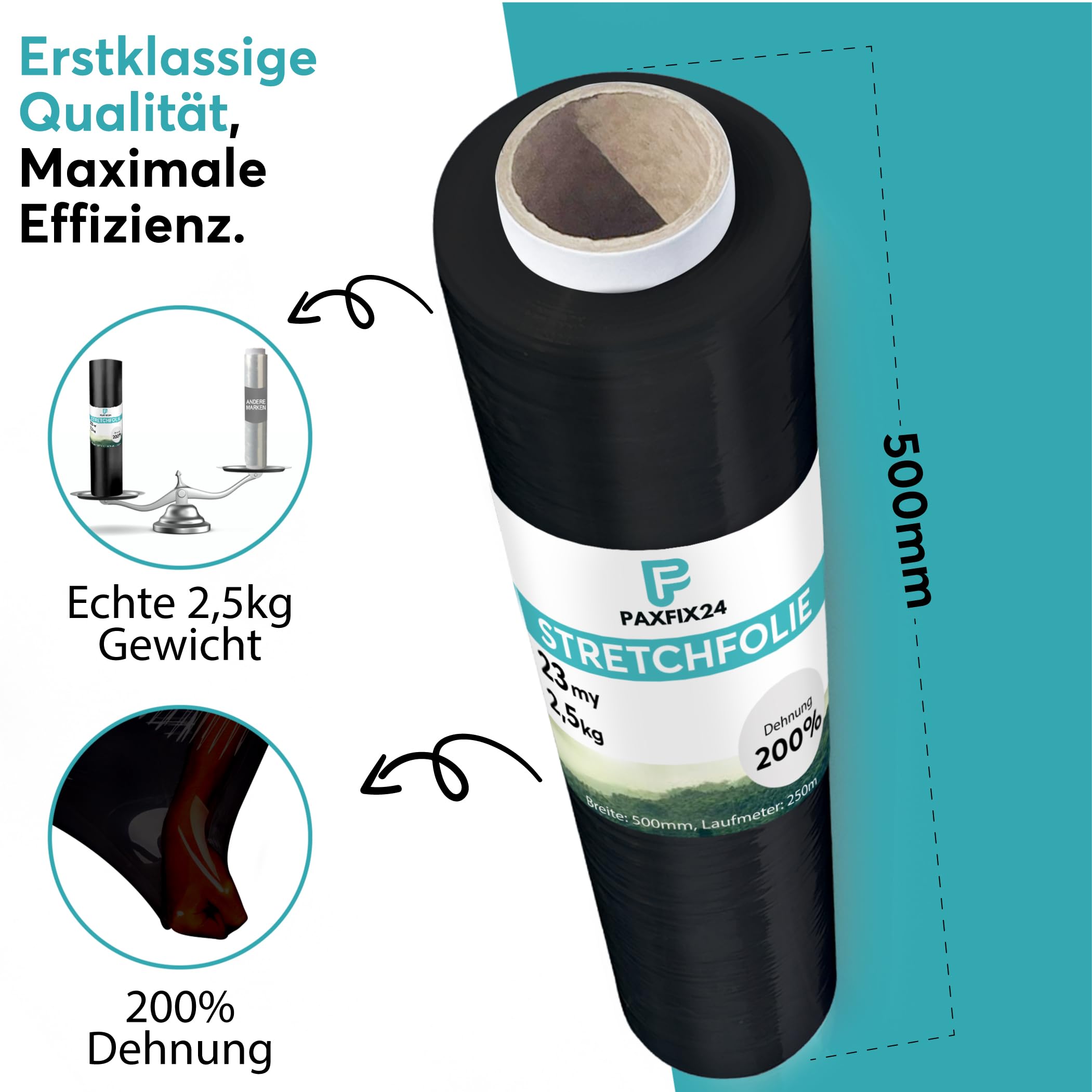6 Rollen Stretchfolie Schwarz 23my 2,5kg 500mm Handstretchfolie Stretchfolienrolle Palettenfolie Umzugsfolie Strechfolie Wickelfolie - gedeht über 350m Länge - Folie für Möbel - Folie für Umzug