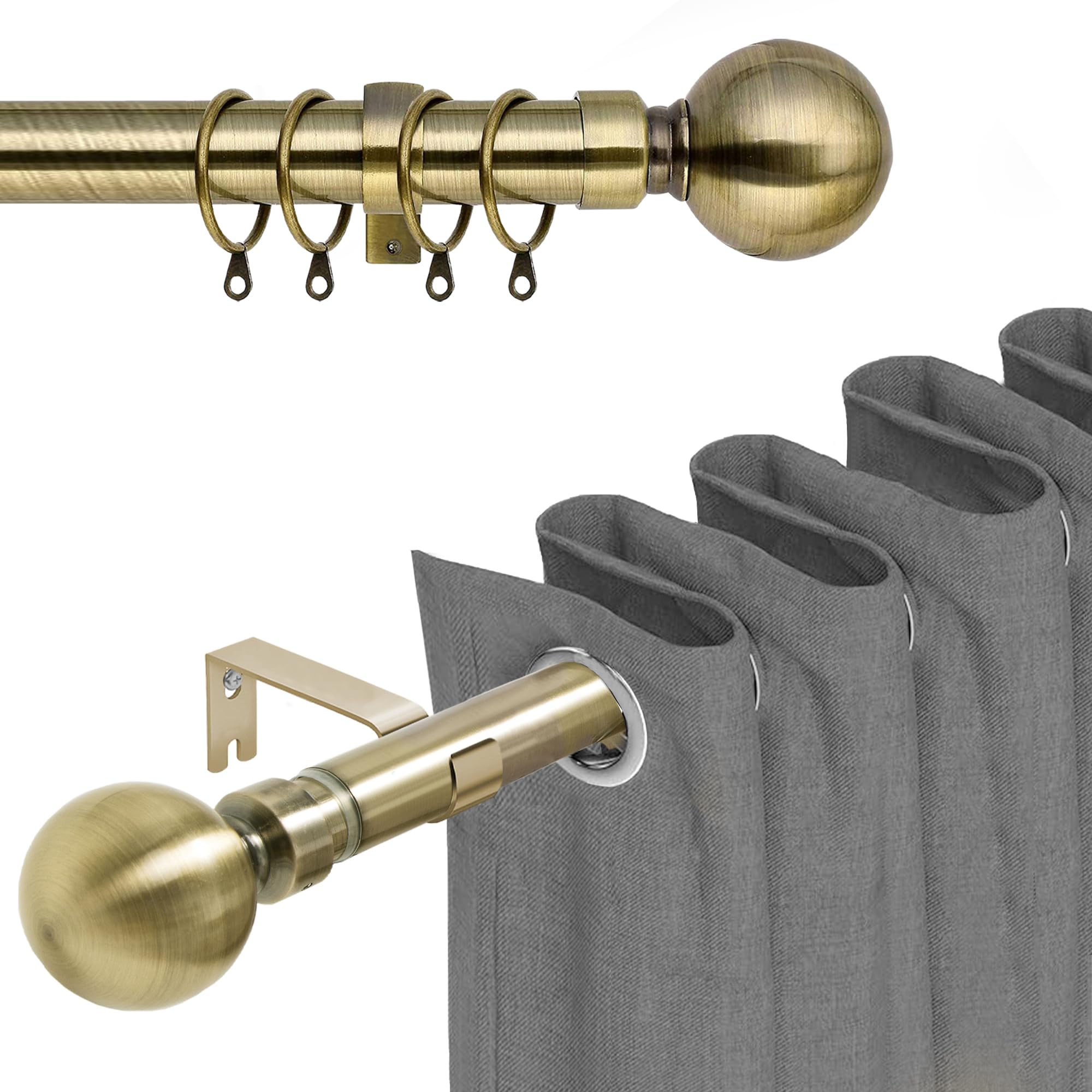 BedLooms Extendable Curtain Poles for Eyelet Curtain – Includes 120x210cm Antique Brass Curtain Pole, Finials, Hooks, Rings and Fittings