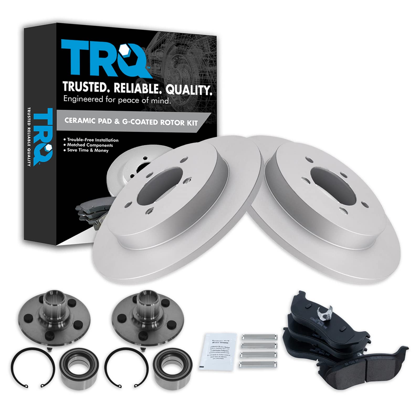 TRQ Rear Brake Pad and Rotor Set Ceramic G Coated Rotors Wheel Bearing Hub