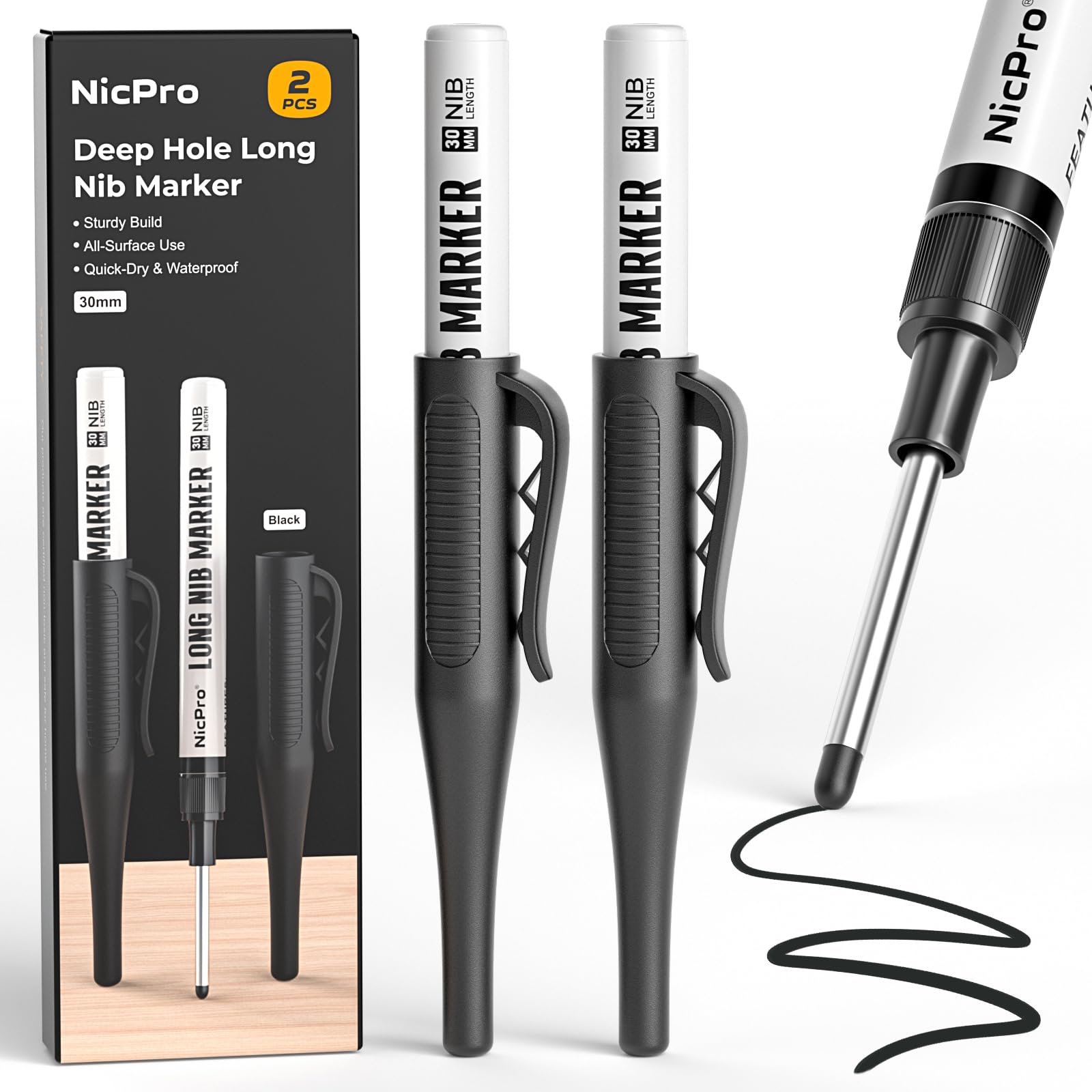 Nicpro 2PCS Long Nib Marker Pen, 30mm Fine Tip Black Paint Marker for Metal