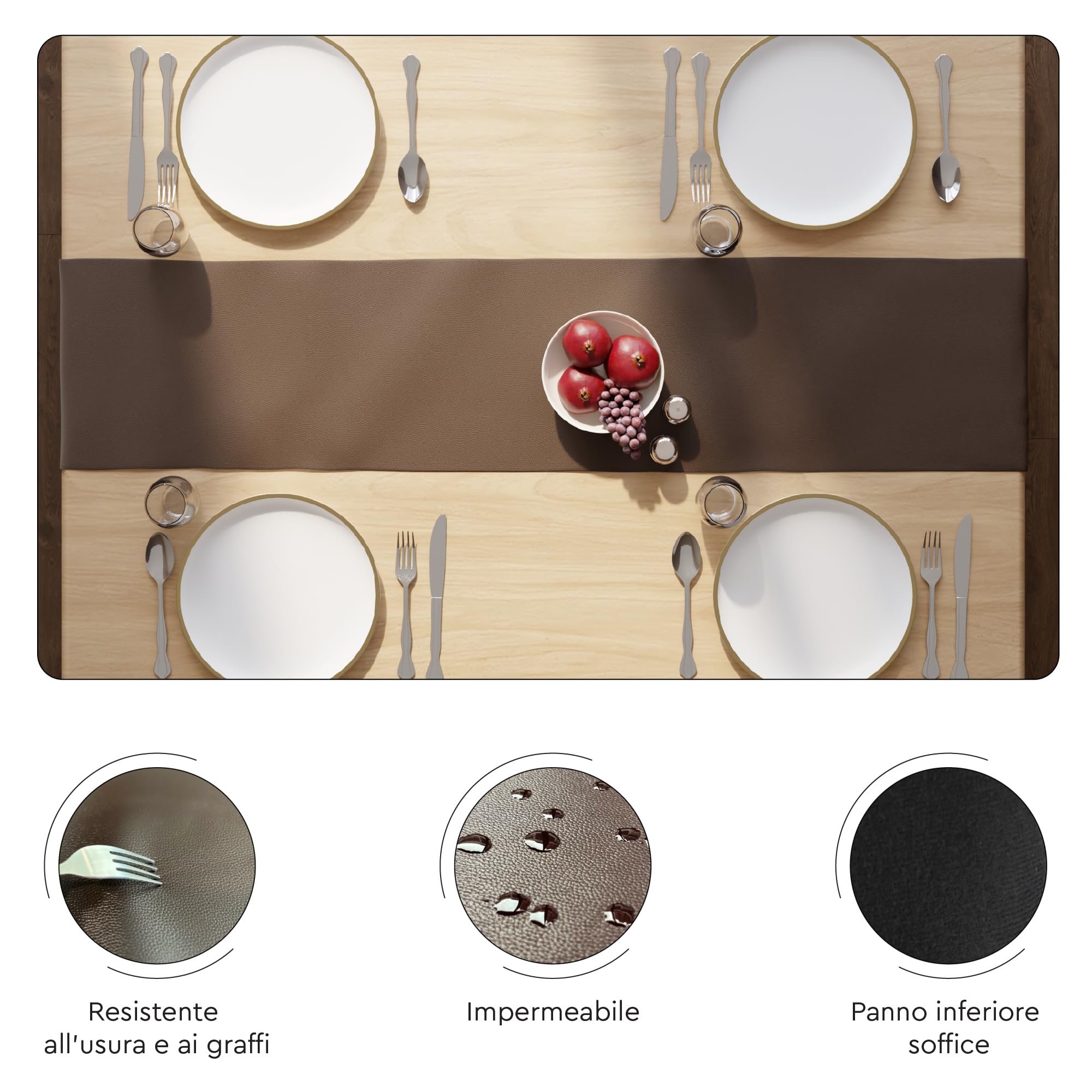 Encasa XO Runner Tavola in Finta Pelle, Impermeabile 12"x72" | Marrone scuro, Spessore 0,7 mm | Retro Tricot Antiscivolo | Facile da Pulire con Panno Umido | Protegge il Tavolo