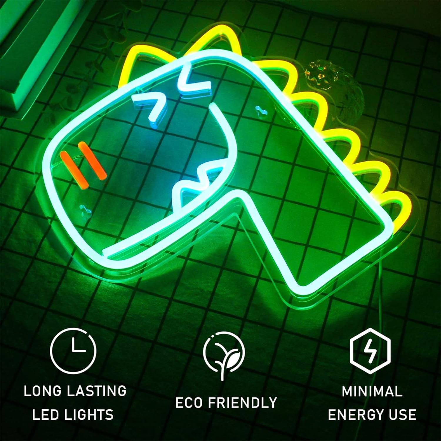 Akrylowy podświetlany napis Znak neonowy LED Zielony dinozaur Neony, Neony LED USB do pokoju dziecięcego Wystrój sypialni, Wiszący na ścianie szyld świetlny, 33X28cm Znak świetlny na ścianę domu