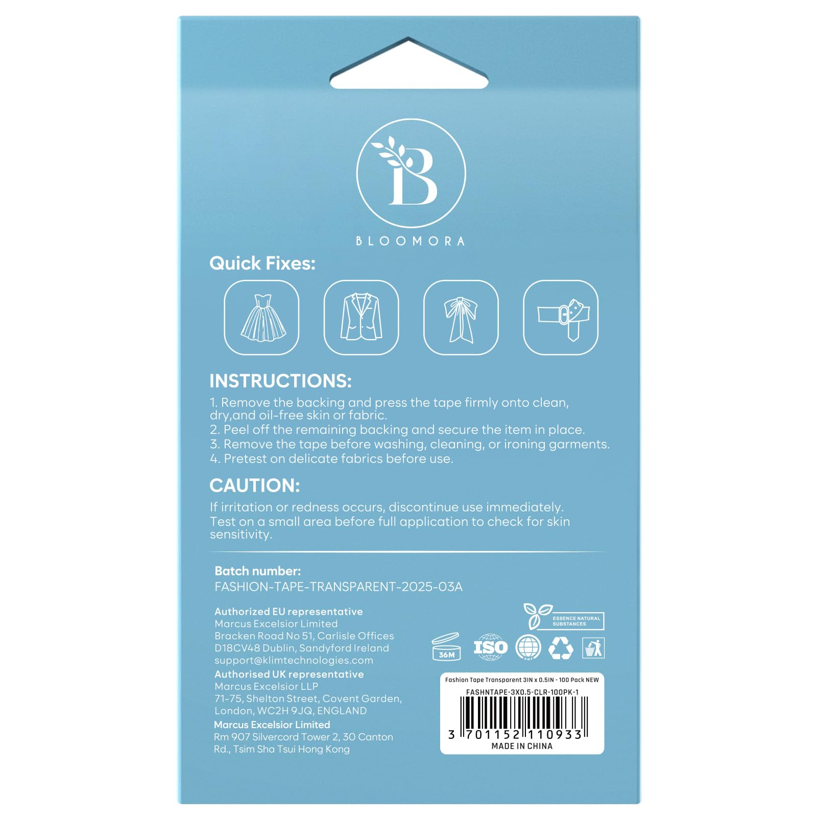 BLOOMORA Fashion Tape – Adhésif Double Face Peau & Vêtement – 100 Bandes Transparentes (7,6 x 1,3 cm) – Scotch Vêtement Peau Imperméable – Body Tape, Scotch Tissu, Ruban pour Robes et Décolletés