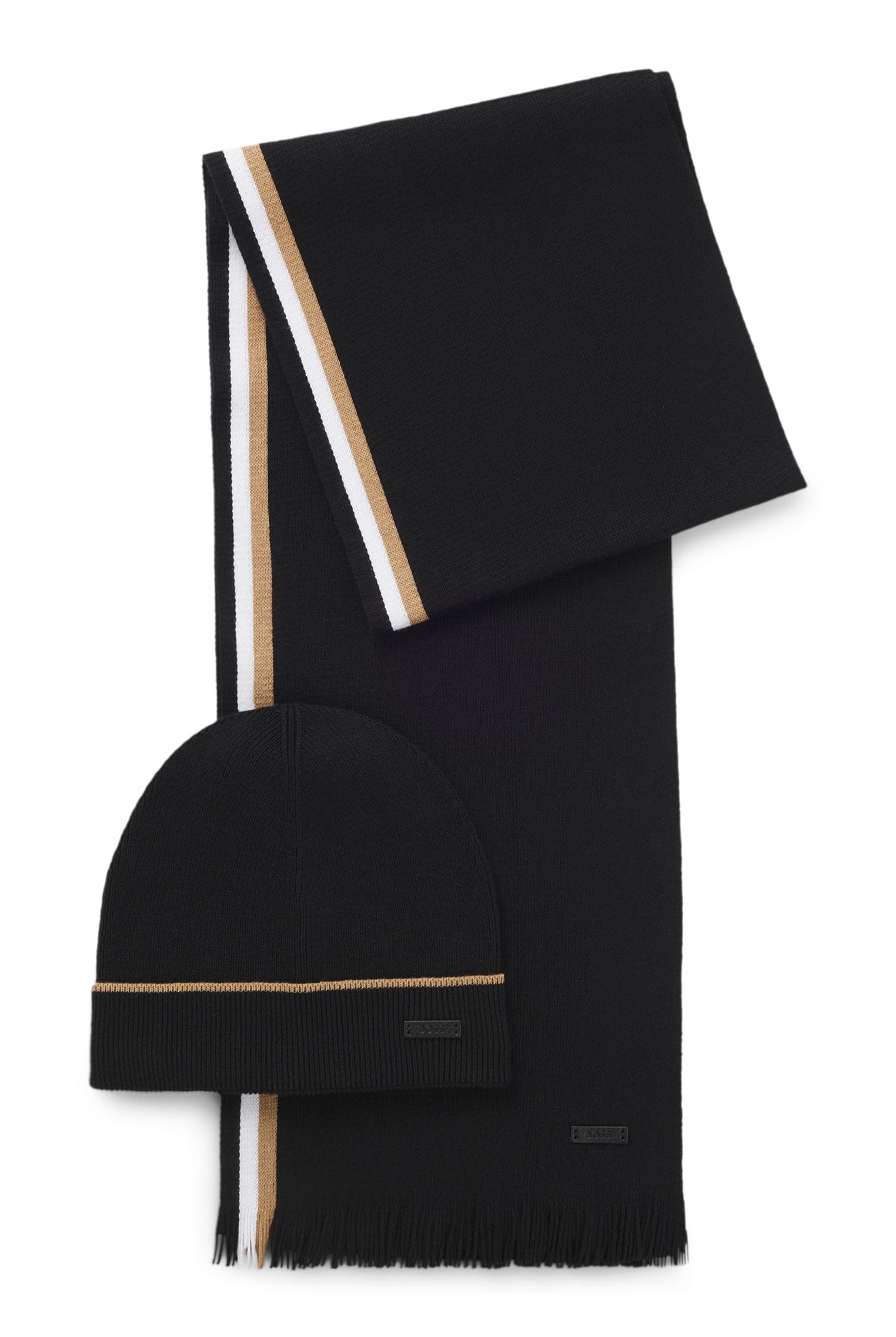 Boss Men's Black Henzo Set Hat And Scarf Gift Set With Stripe Details