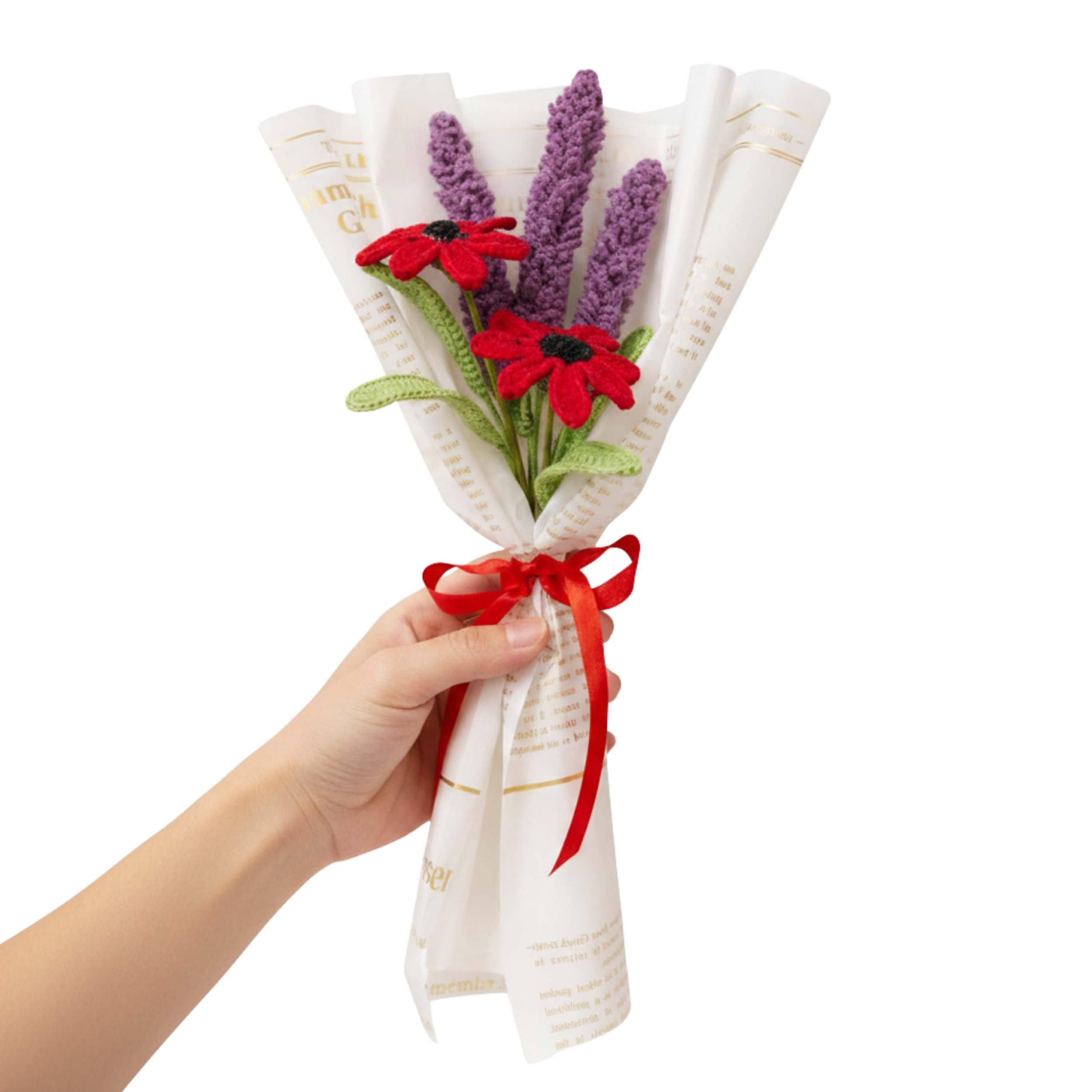 Happy Threads Lavenders and Daisies Crochet Bouquet (5 Pcs) - 3 Violet Lavender & 2 Red Daisy Flowers | Handmade Crochet Flower Bouquet | Eco-Friendly Artificial Flowers for Home & Office Decor-image-9