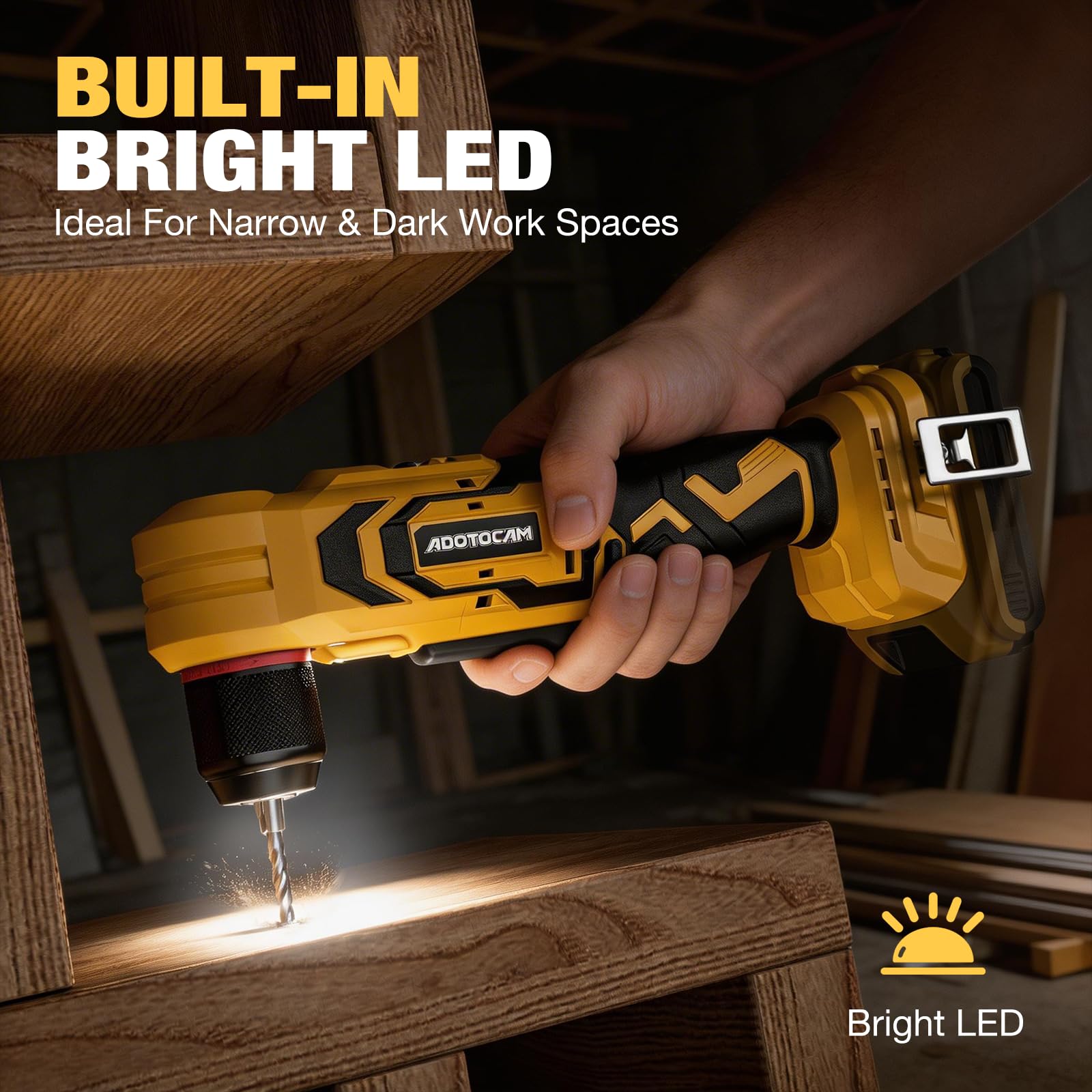 Trapano ad angolo retto senza spazzole per DeWalt 20 V (solo utensile), trapano angolare senza fili da 3/8" con design compatto e velocità variabile, con luce LED per viti/foratura