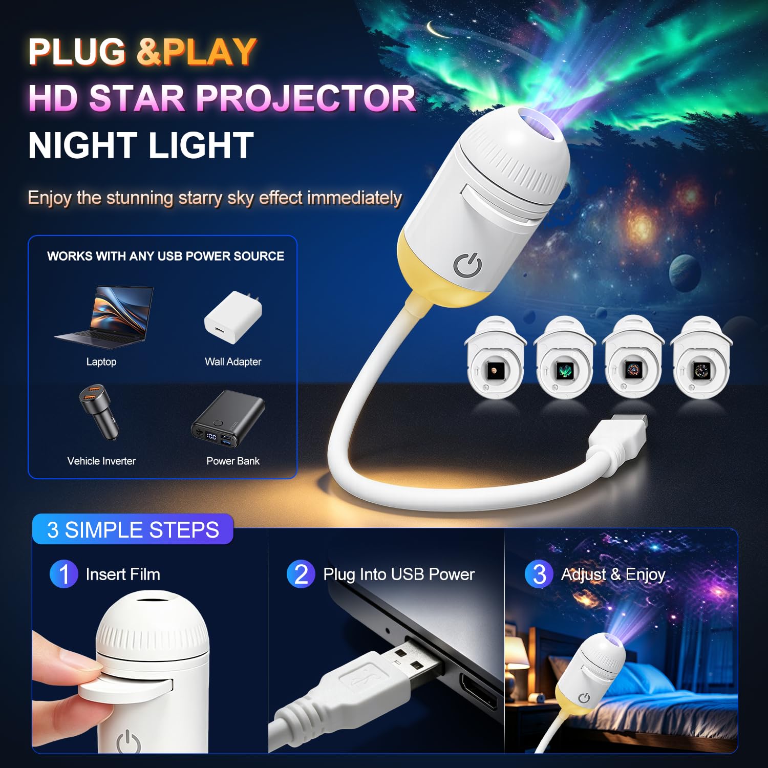 Veilleuse projecteur galaxie 2 en 1 USB pour chambre d'enfant | Luminosité réglable, décoration murale de voiture et de chambre – 24 films