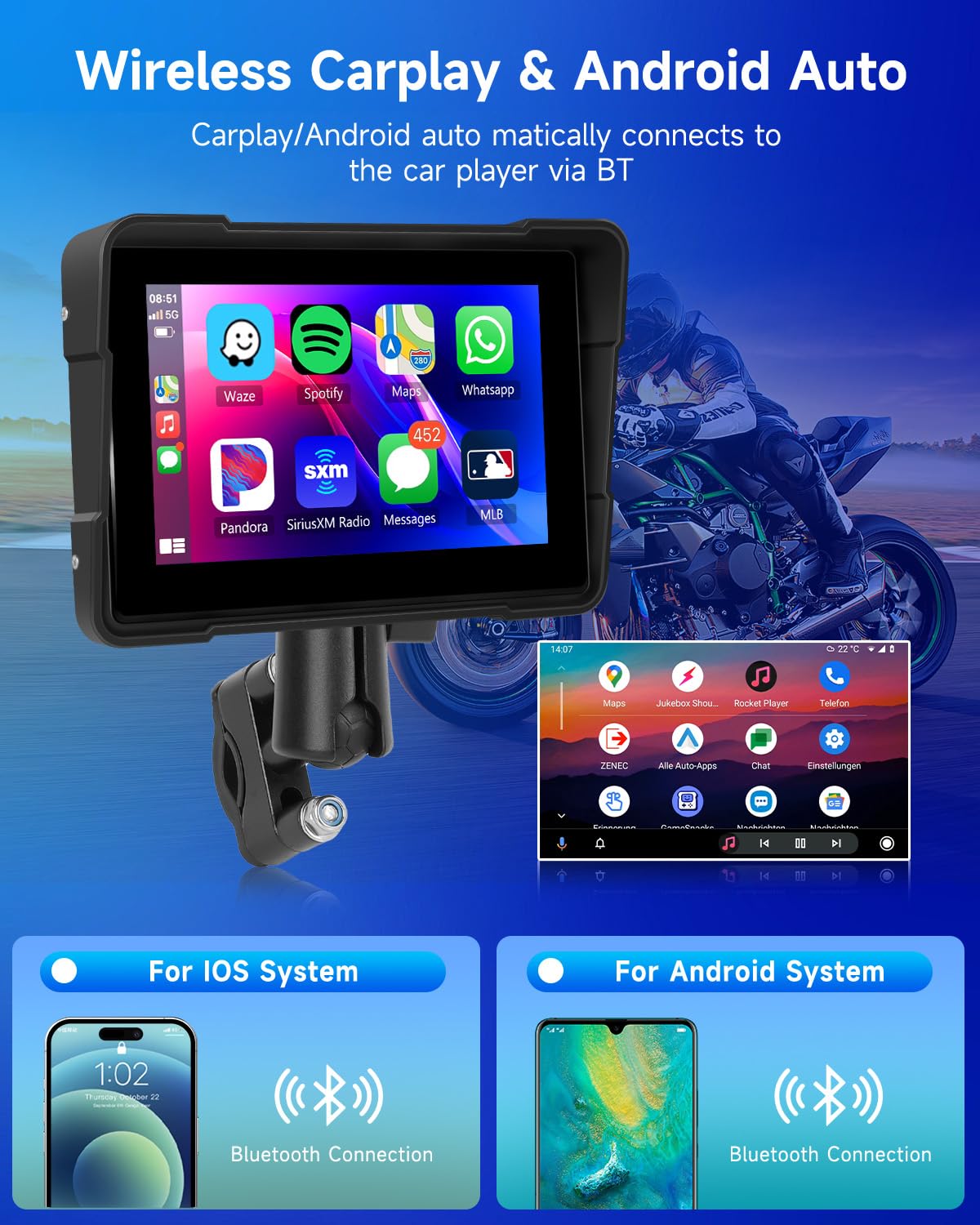 Rimoody Wireless Carplay Motorbike Navi Android Auto, 7 Pollici Touchscreen Autoradio Portatile per Moto, Wireless Carplay Display con Airplay/Android Cast/Dual Bluetooth/Navigazione/IP67 Impermeabile