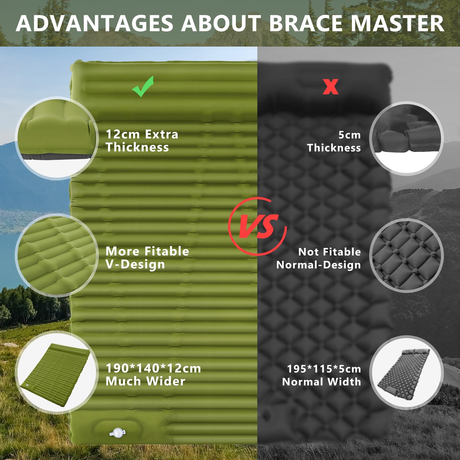 Materassino Da Campeggio Brace Master - Gonfiabile, 12cm Spessore, Con Cuscino Integrato - Foto 8