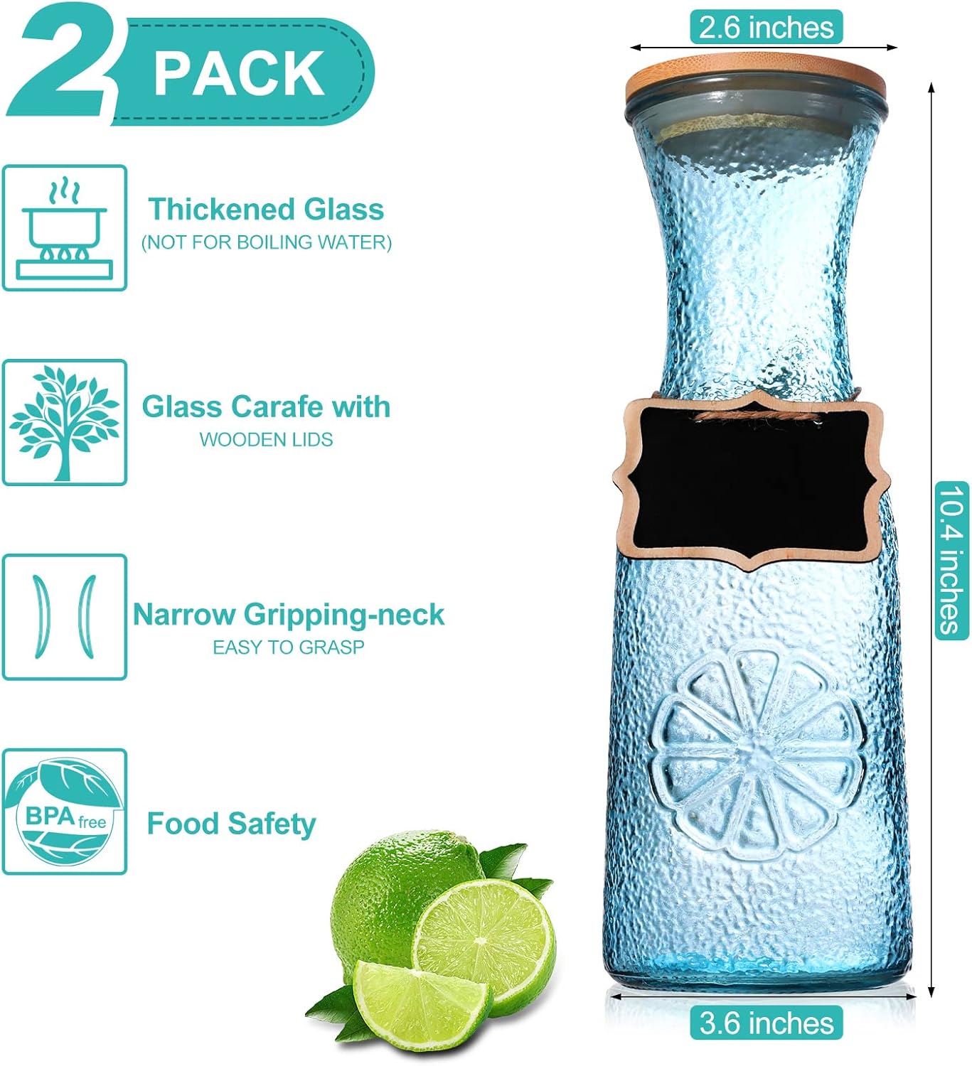 Buy Colored Glass Carafes with Wood Lids, 1 Liter Juice Jar Containers