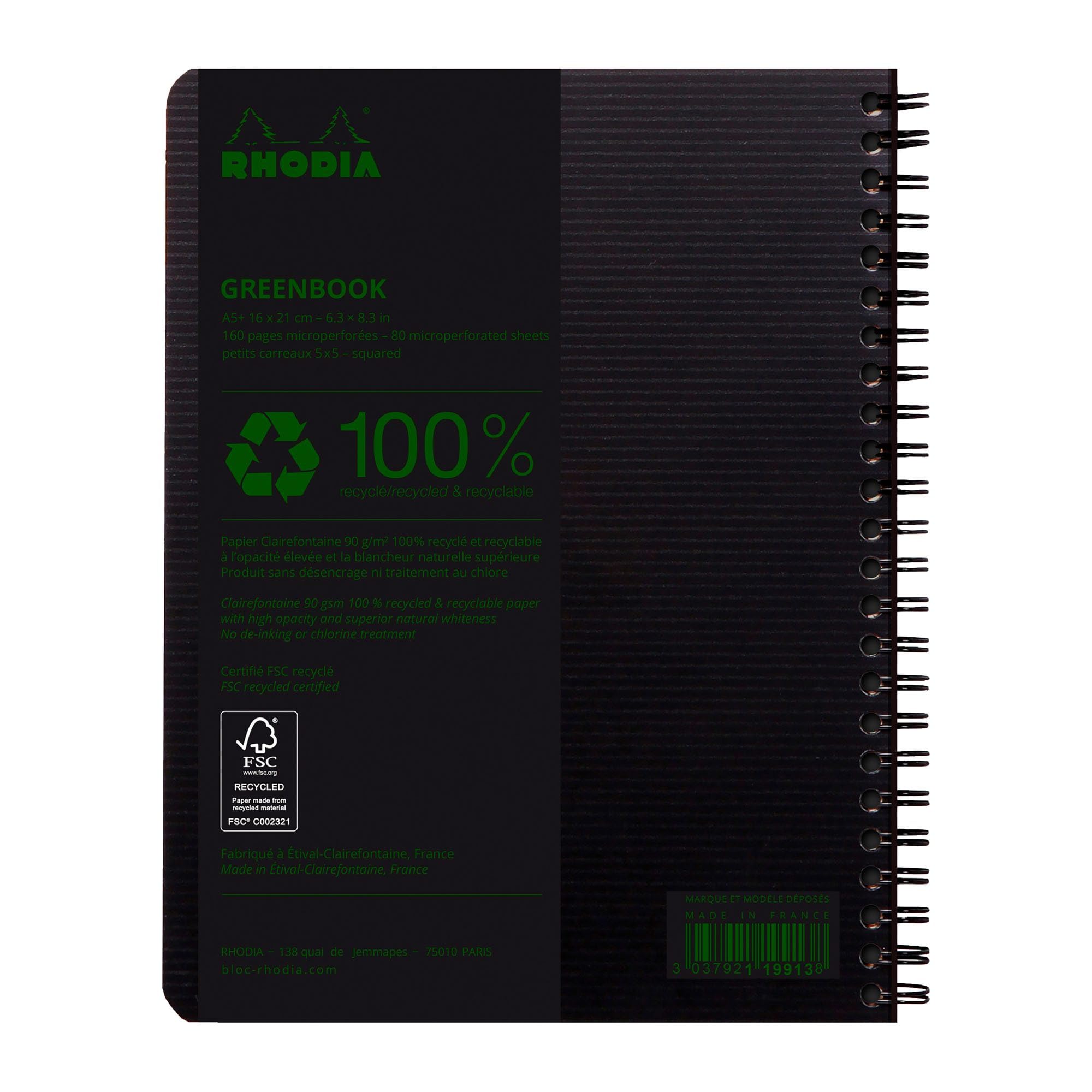 Rhodia Cahier spirales Greenbook A5+ - 16 x 21 cm - Petits carreaux - 160 pages - Lot de 5