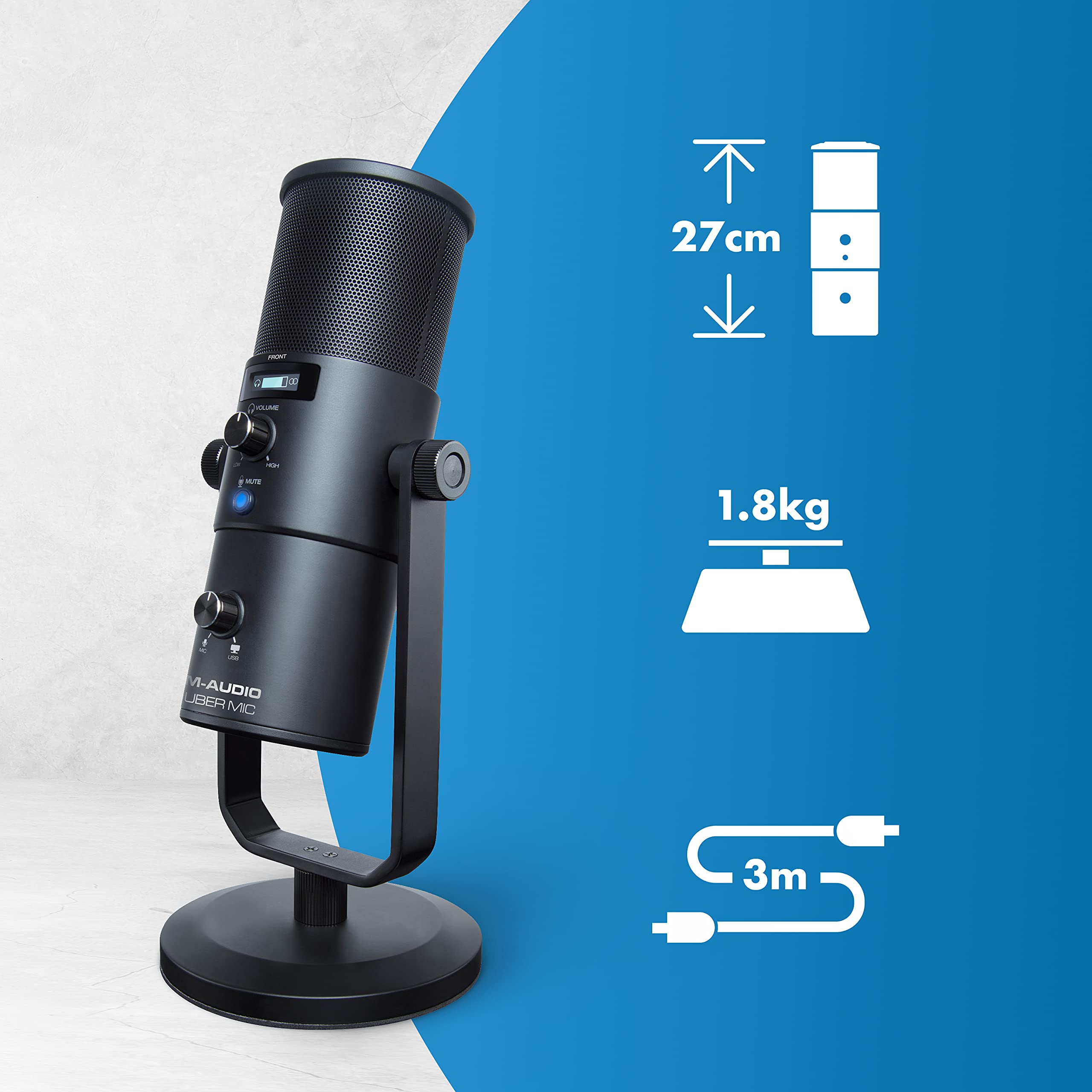 M-AUDIO Uber MIC Microphone USB à Condensateur pour Gaming, Streaming, Podcast, Enregistrement avec 4 Directivités, Bouton Sourdine, Sortie Casque