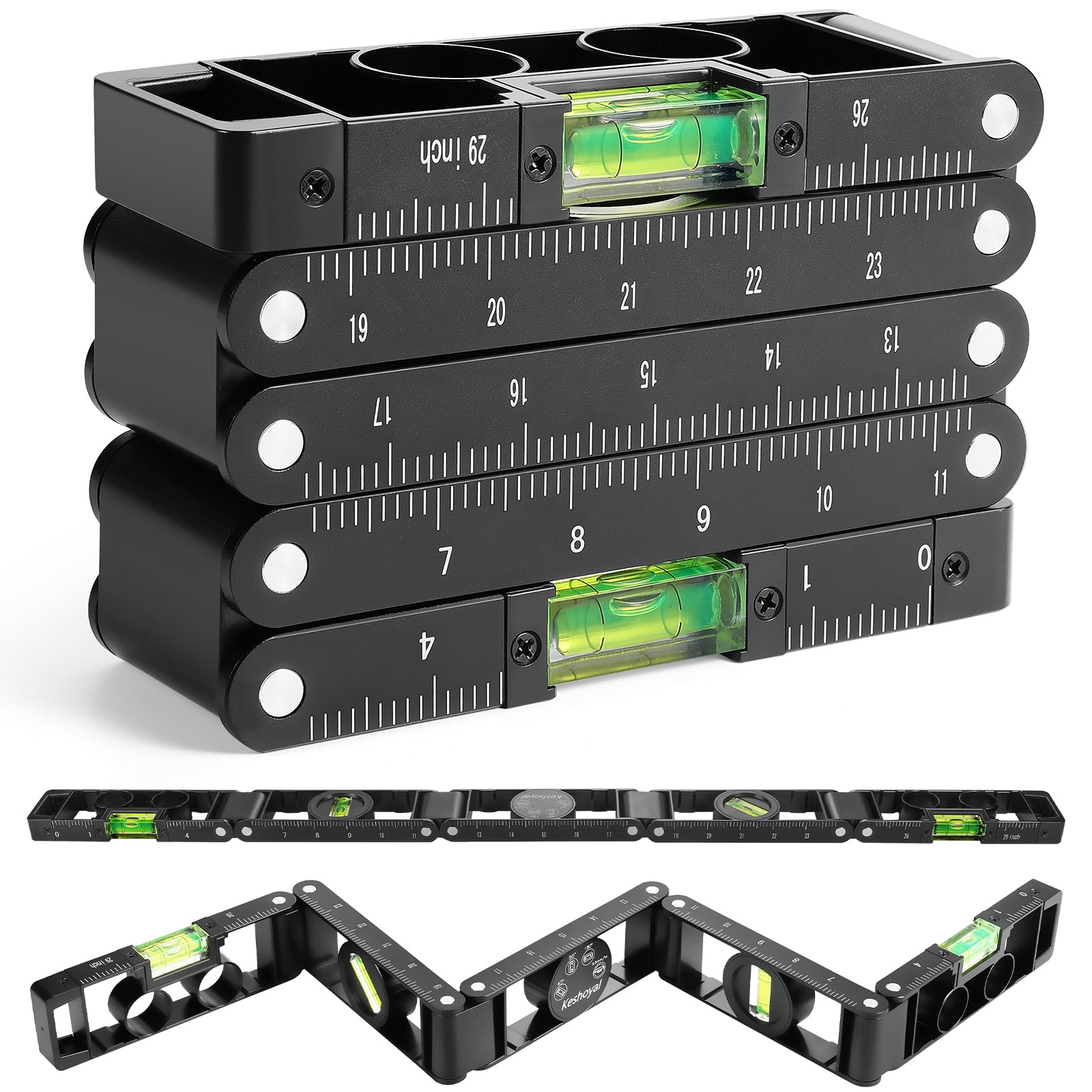 Foldable Level,29-Inch Premium Folding Level,5 Sections Measuring Folding Level Tool With 4 Easy-Read Level Bubbles 45°/90°/180°,Level For Carpenters,Woodworkers,Fabricators