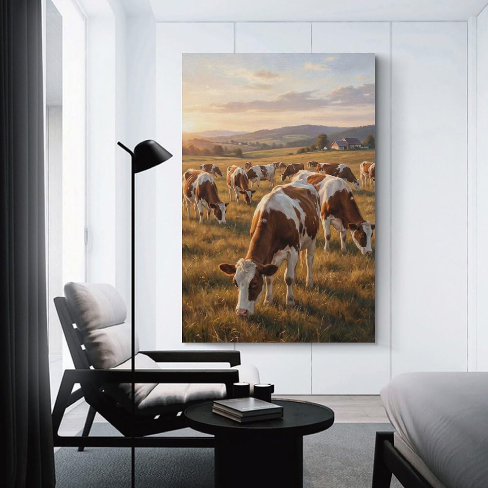 Junmoney Cows Grazing in A Sunny Field Wall Picture Print, 20x30inch(50x75cm), for Flats, Guest Rooms Or Compact Rooms, Decorative Canvas Decor for Home Updates