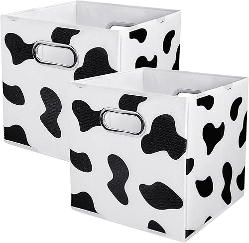 ANMINY 2 cubos de almacenamiento con estampado de vaca, cestas de almacenamiento de 11 pulgadas con asas, lavables, plegables, de tela de algodón,
