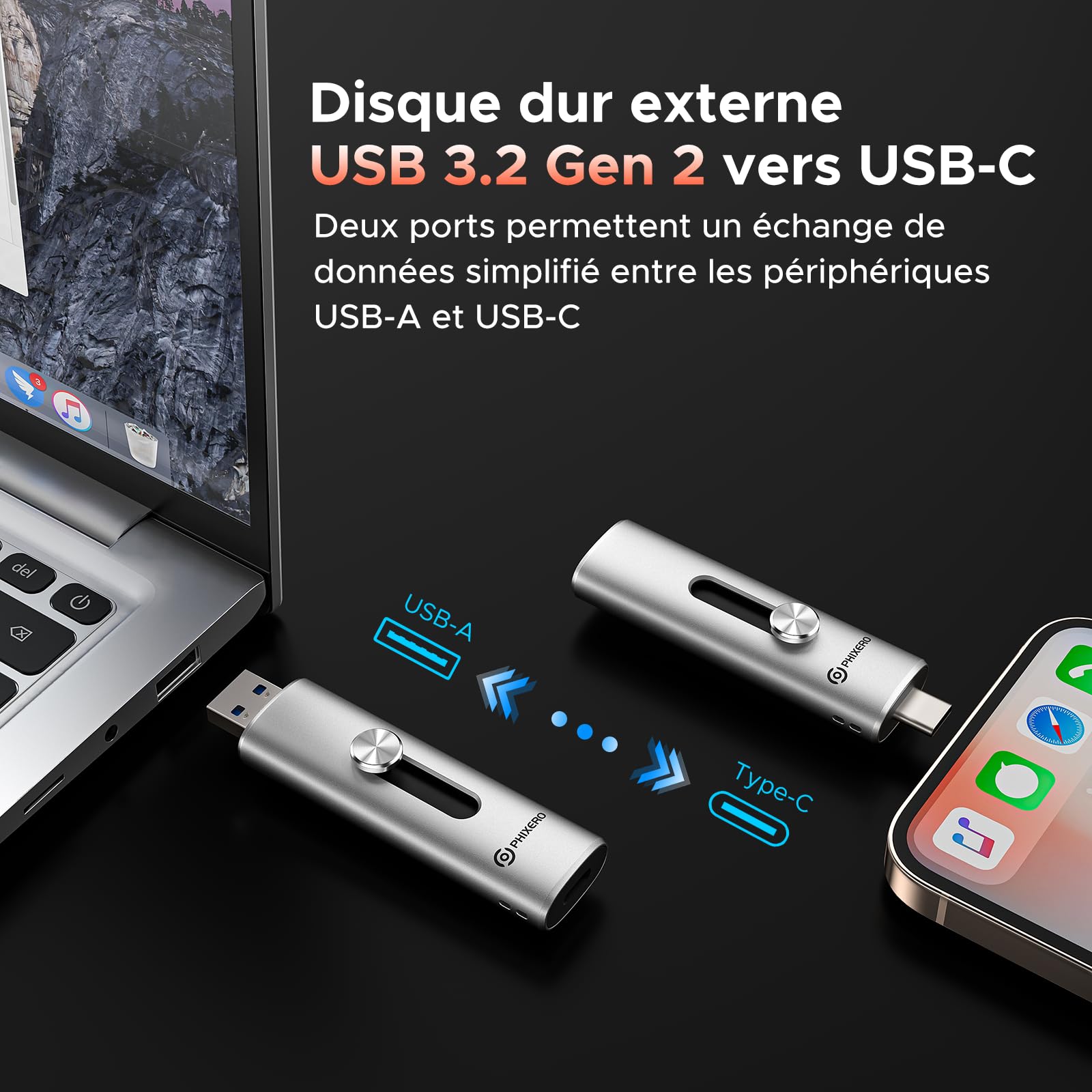 PHIXERO Unidad flash de estado sólido SSD externa de 1 TB hasta 1100 MB/s