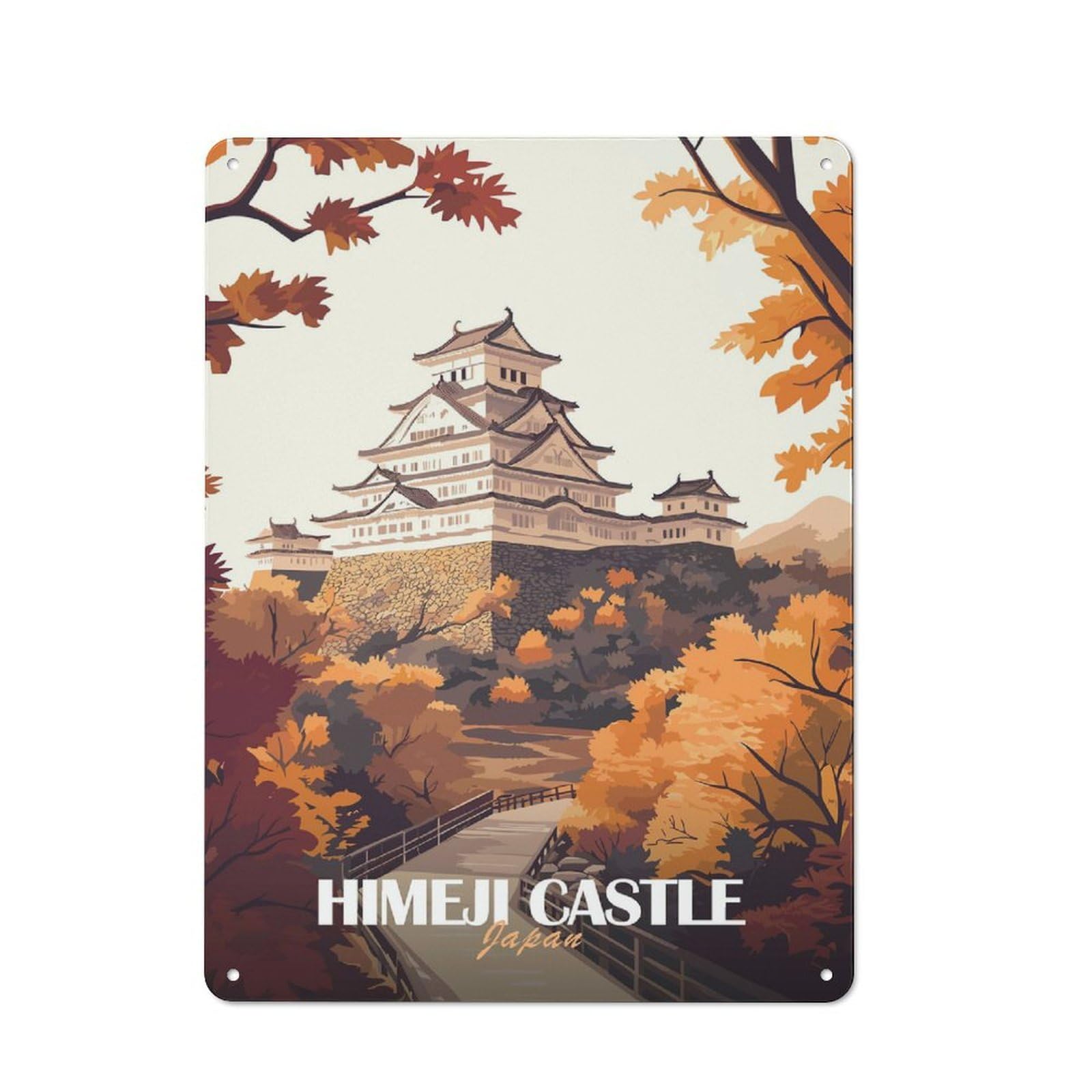 Junmoney Style-1 Metal Wall Plaque With Himeji Castle Japan Design 40X30cm, Simple Retro Studio Wall Plaque For Hobby Room, Office, Lounge Or Living Room