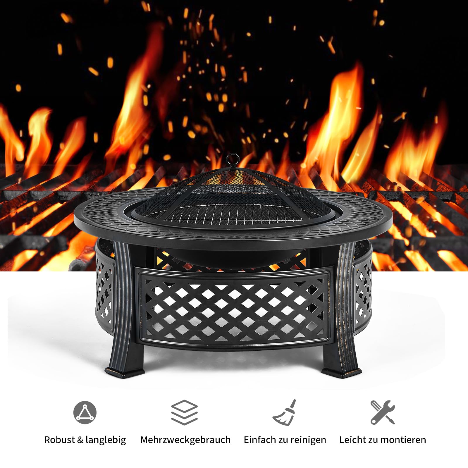 COSTWAY Feuerschale, Feuerstelle mit Grillrost, φ 81cm Feuerkorb mit Funkenschutz, Feuerschale für den Garten, inkl. Schürhaken, für für BBQ, Picknicks & Lagerfeuer