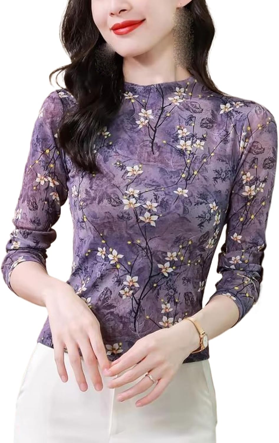 Women's Elegant Mesh Printed Shirt Stand Collar Long Sleeve High Stretch Blouse Female Pullover Top