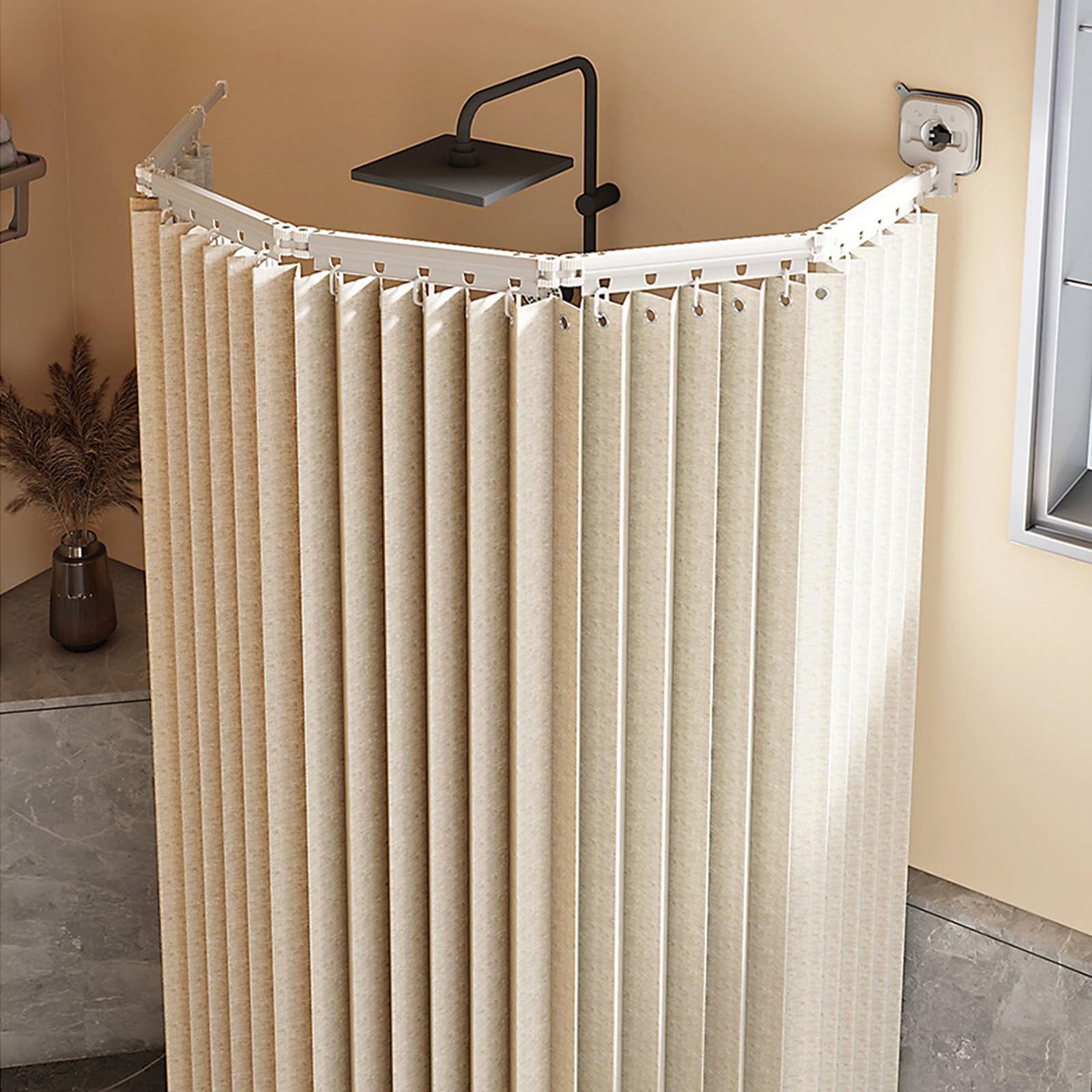 GLDYTVF Foldable Wall Mount Shower Curtain RodNo Drill Suction Cup Waterproof Linen Curtain Adjustable Angle for Bathroom SpaceSaving Design 5 Folds for Easy Storage