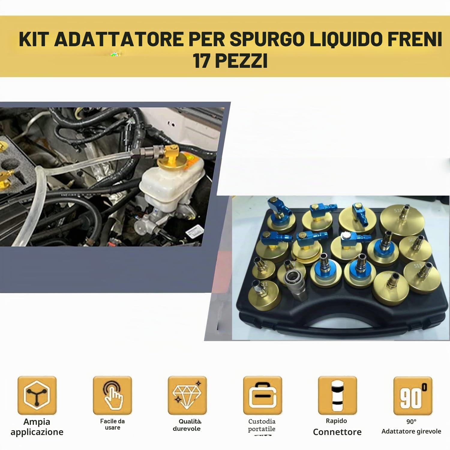 Kit di adattatori per lo spurgo del liquido dei freni da 17 pezzi, kit di spurgo del liquido dei freni del cilindro principale, kit di spurgo del liquido dei freni per la maggior parte dei