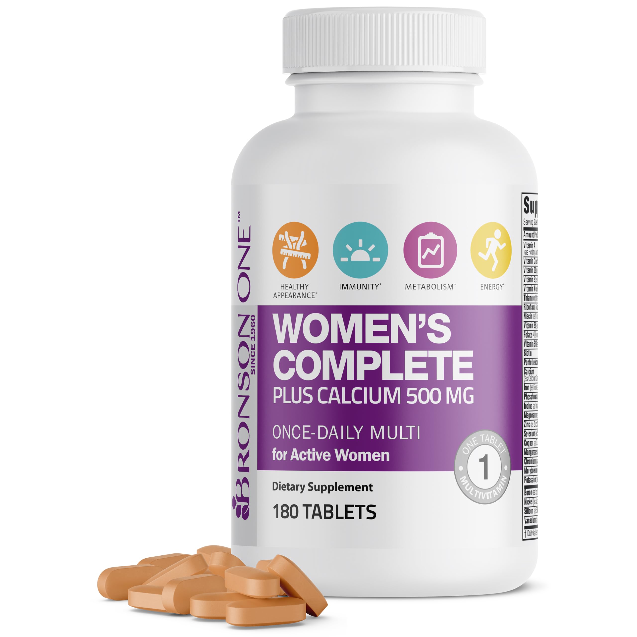 Bronson ONE Daily Women's Complete Multivitamin Multimineral, 180 Tablets 180 Count (Pack of 1) Women's Vitamin