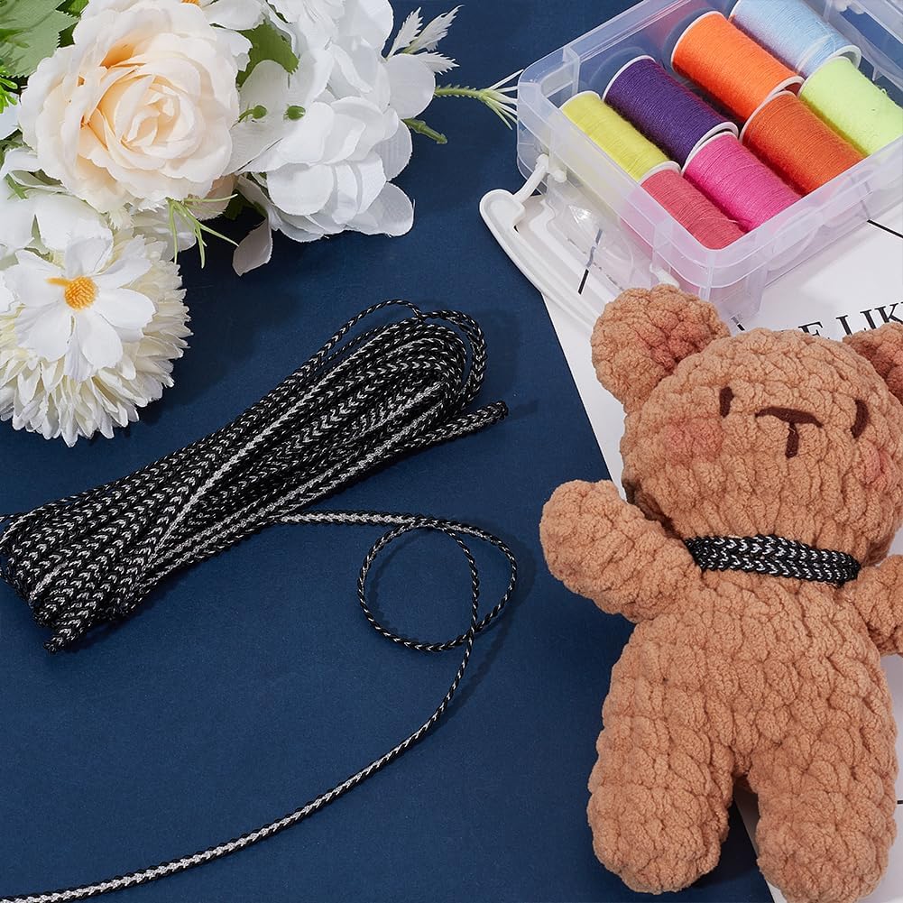 MAYJOYDIY 10 Yards x 1/8 Inch Black Gimp Braid Trim, Interwoven Silver Metallic Threads Braided Lace Trims Stylishal Polyester Lace Ribbon for Curtains, Lampshade, Sofa DIY Sewing