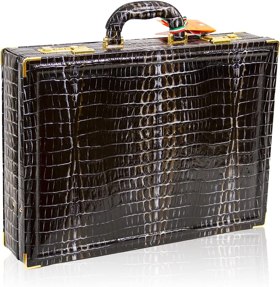 Men's Italian Designer Viceroy Graphite Gray Crocodile Leather Briefcase Attache
